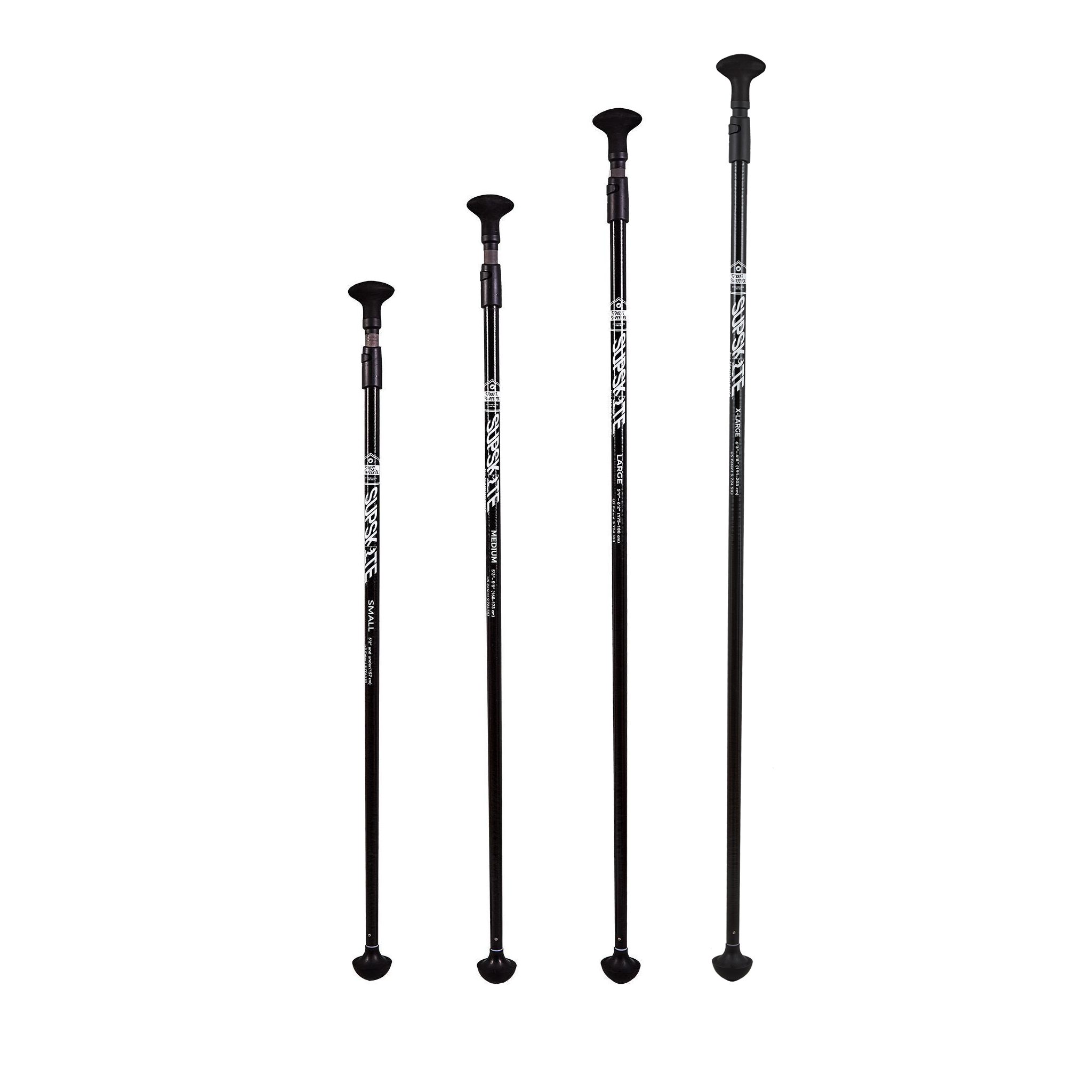 Four adjustable trekking poles arranged in a row.
