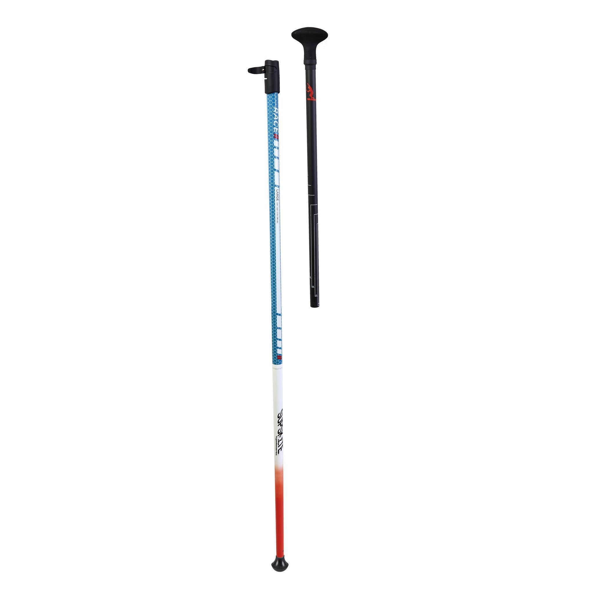 A pair of ski poles with a blue, white, and red design and a black tip.