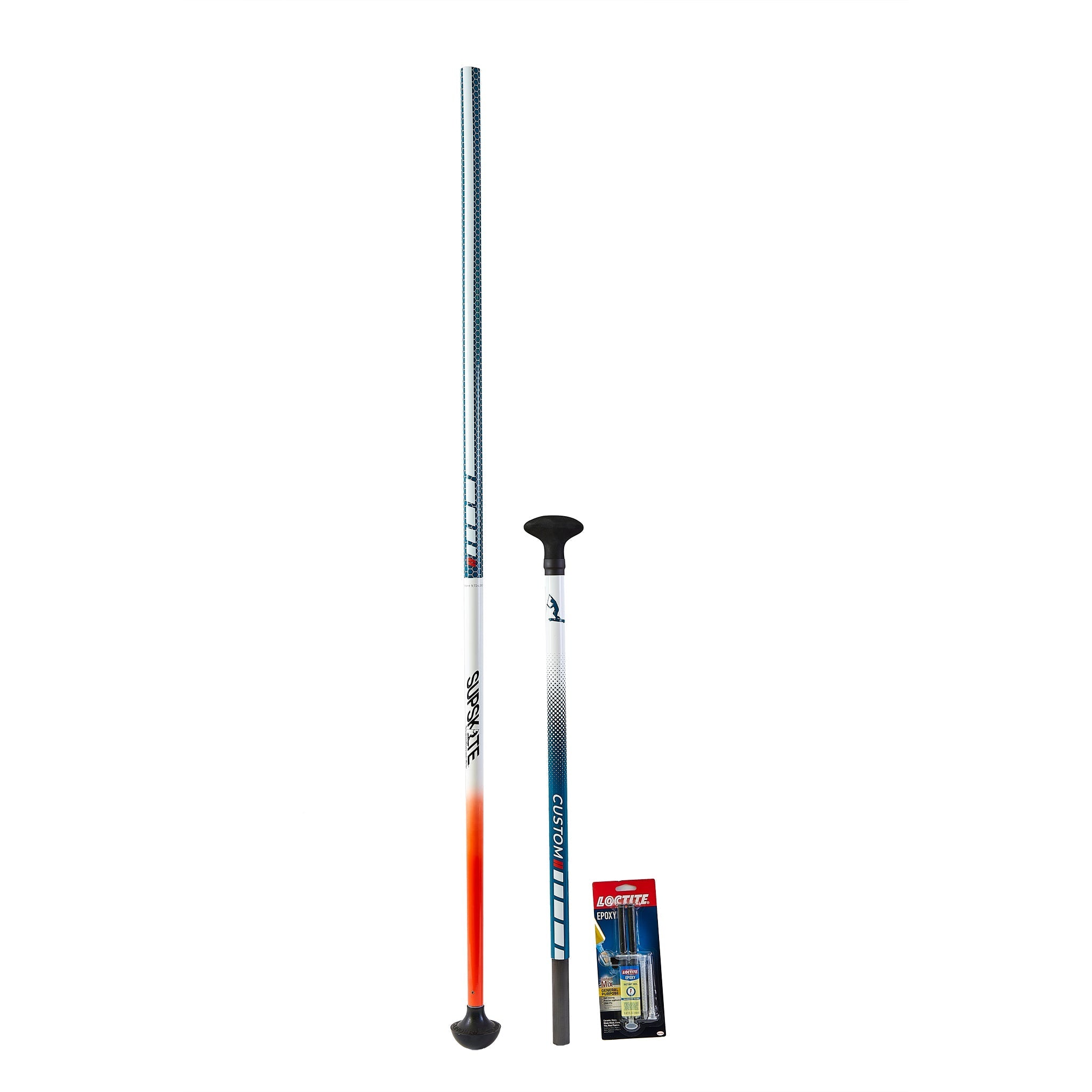 Two ski poles, one fully extended and one collapsed, displayed next to a packaging card.