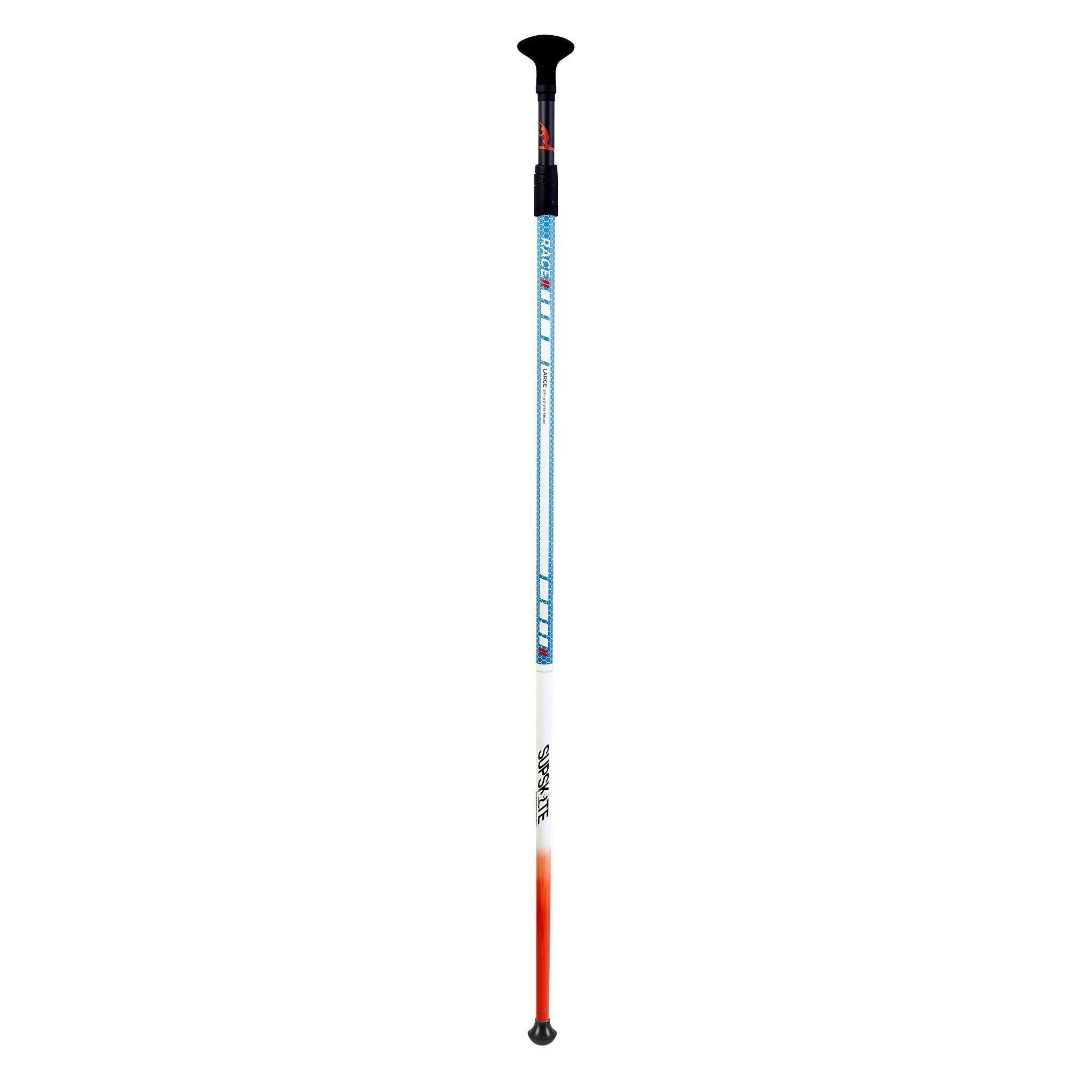 A multi-colored ski pole with a white shaft and blue and red accents.