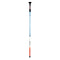 A colorful ski pole with a blue, white, and red design.