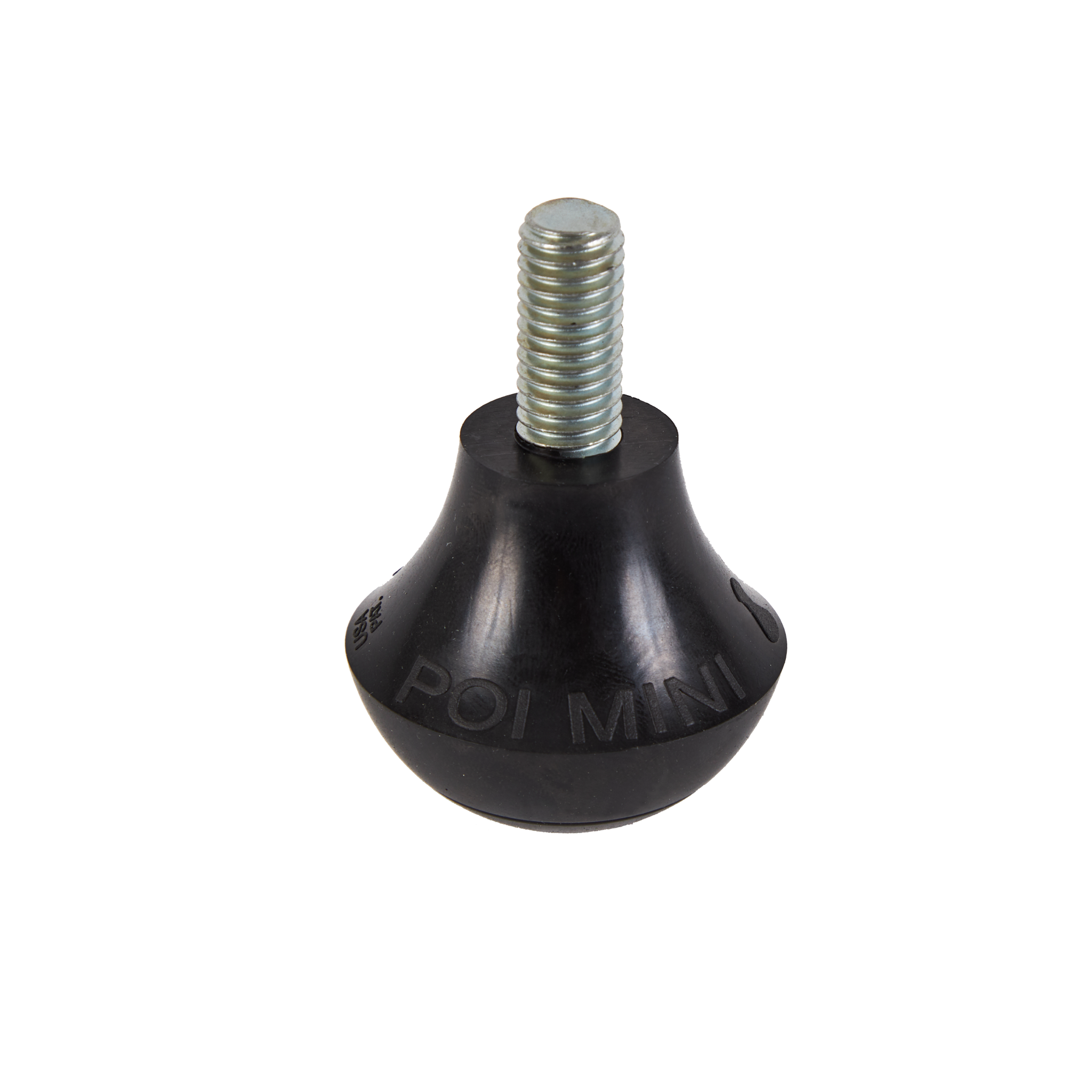 A black rubber ball with a threaded metal screw on top.