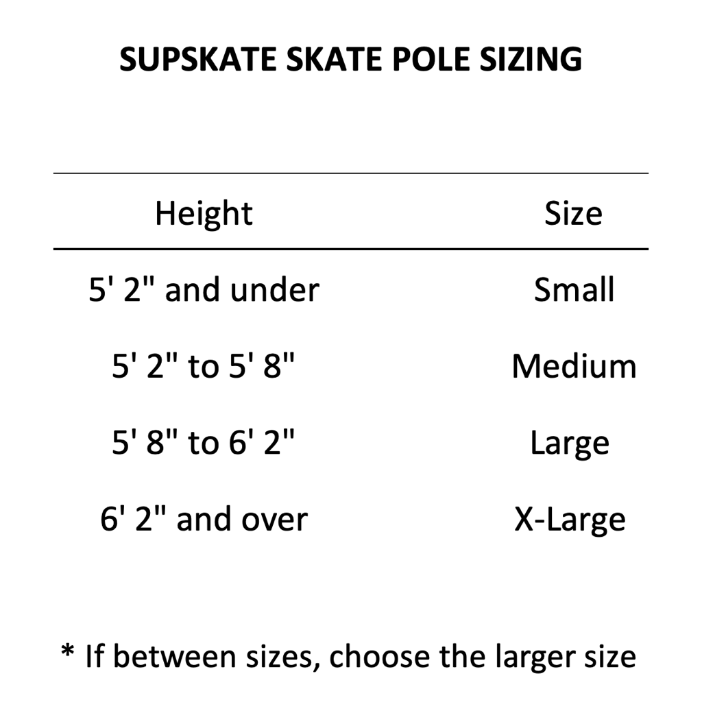 Table displaying SUPSKATE skate pole sizing based on height.