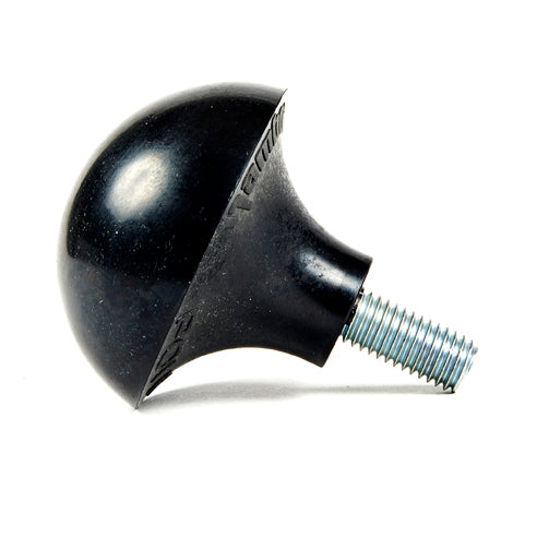 Close-up of a black rubber skateboard wheel with a threaded axle.