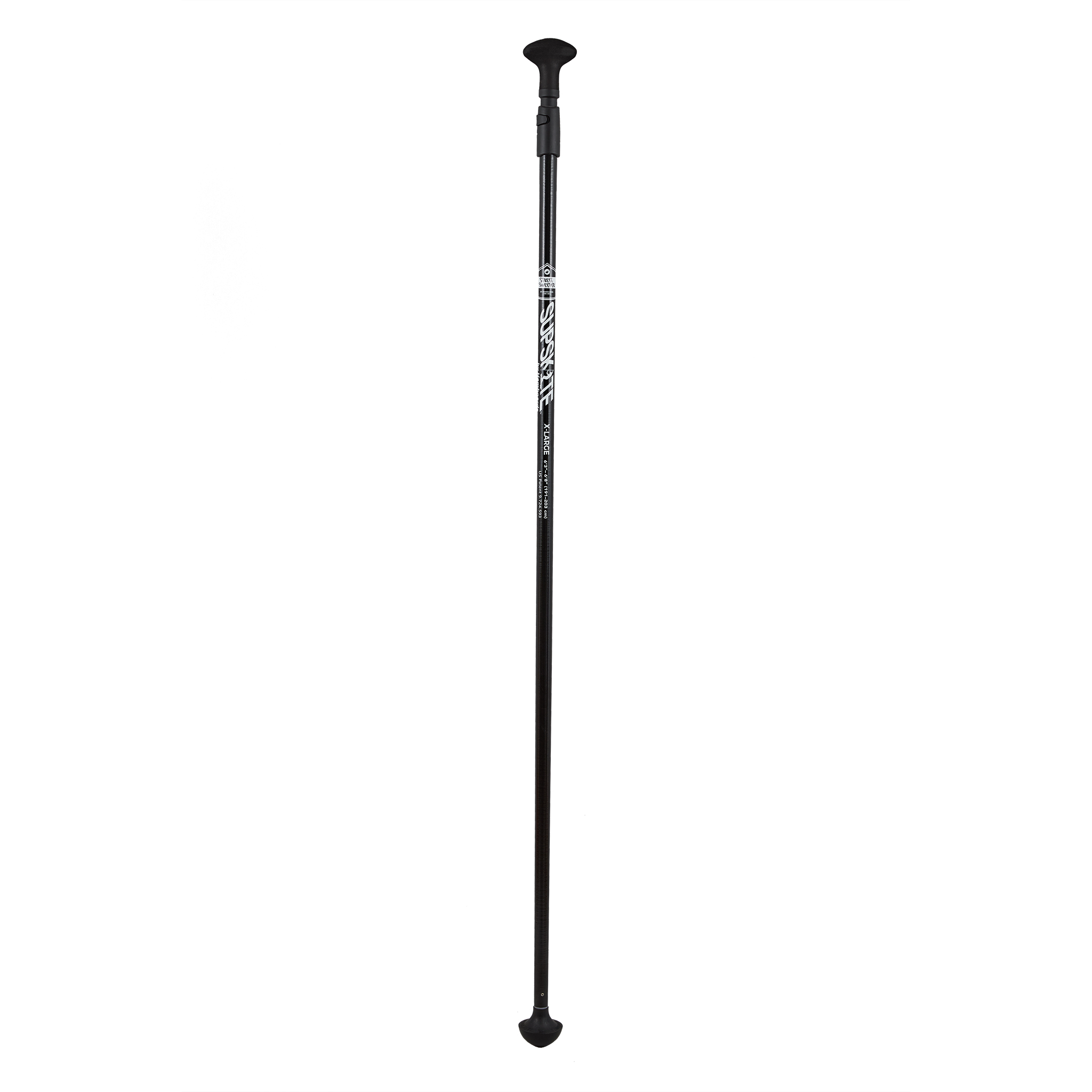 A black hiking pole with a textured grip and rubber tip.