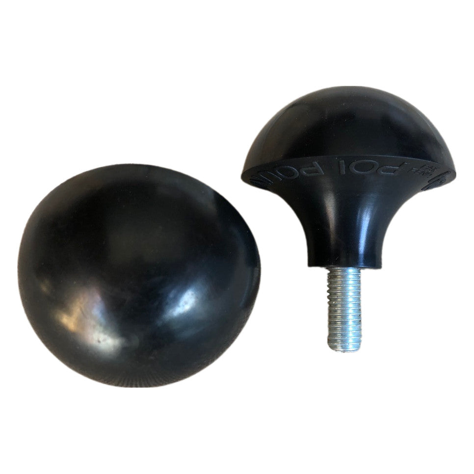Two black rubber feet for furniture, one with a screw attachment.