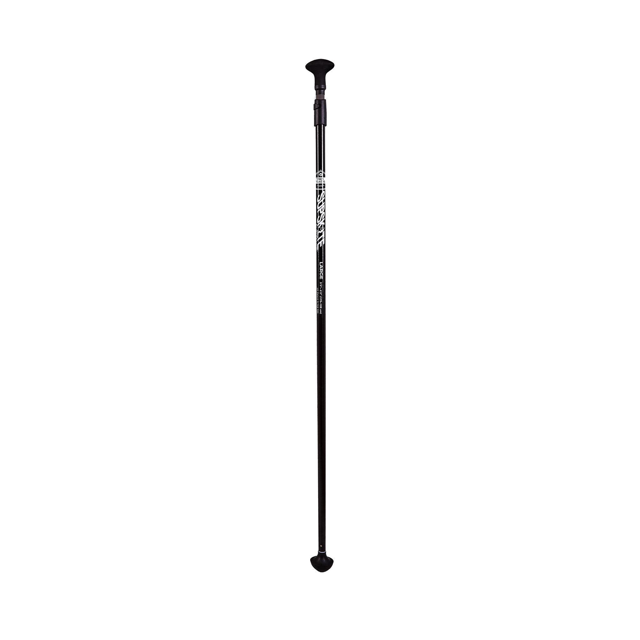A black trekking pole standing upright.