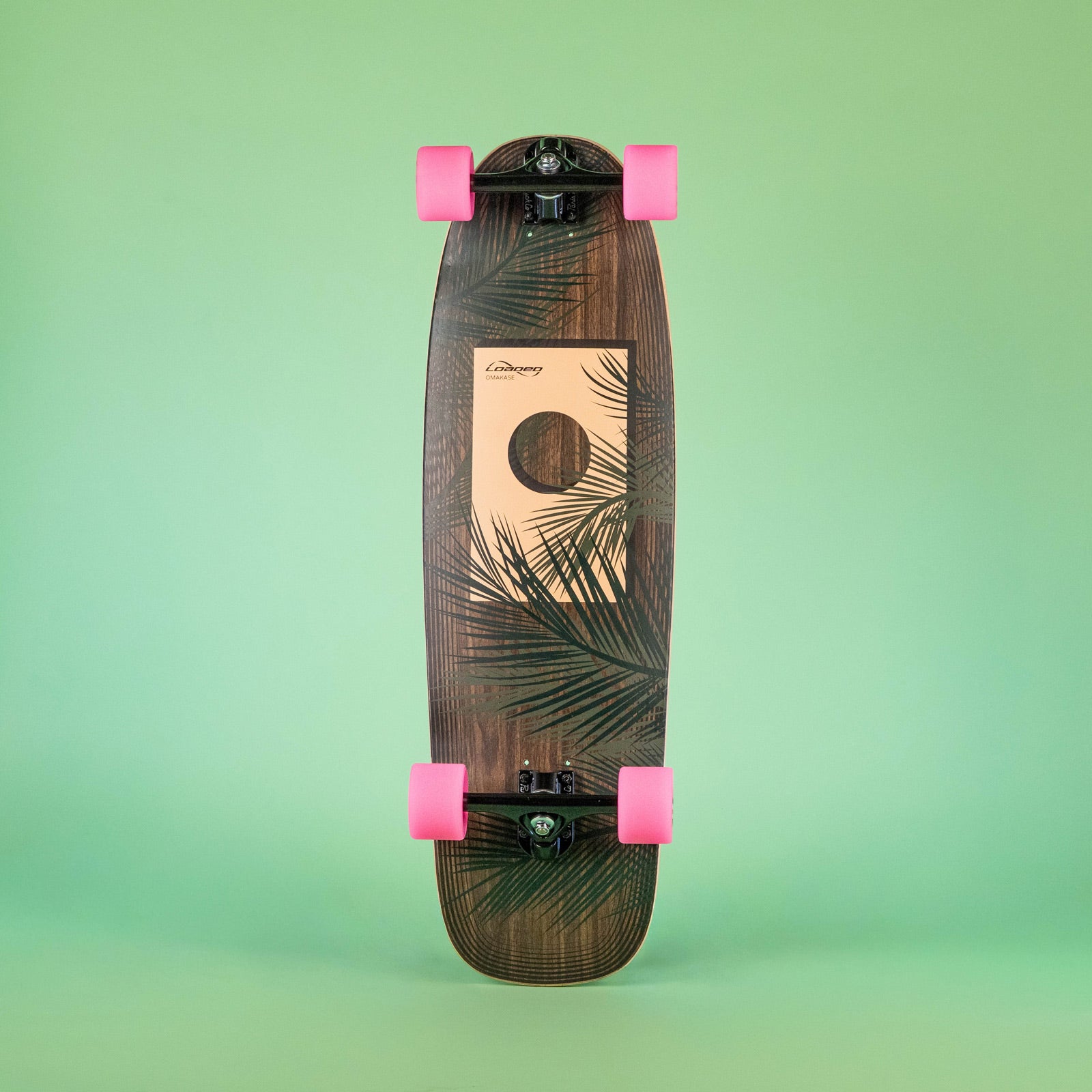 Loaded Omakase (Palm graphic) custom longboard with 83a Pink Orangatang Durian wheels