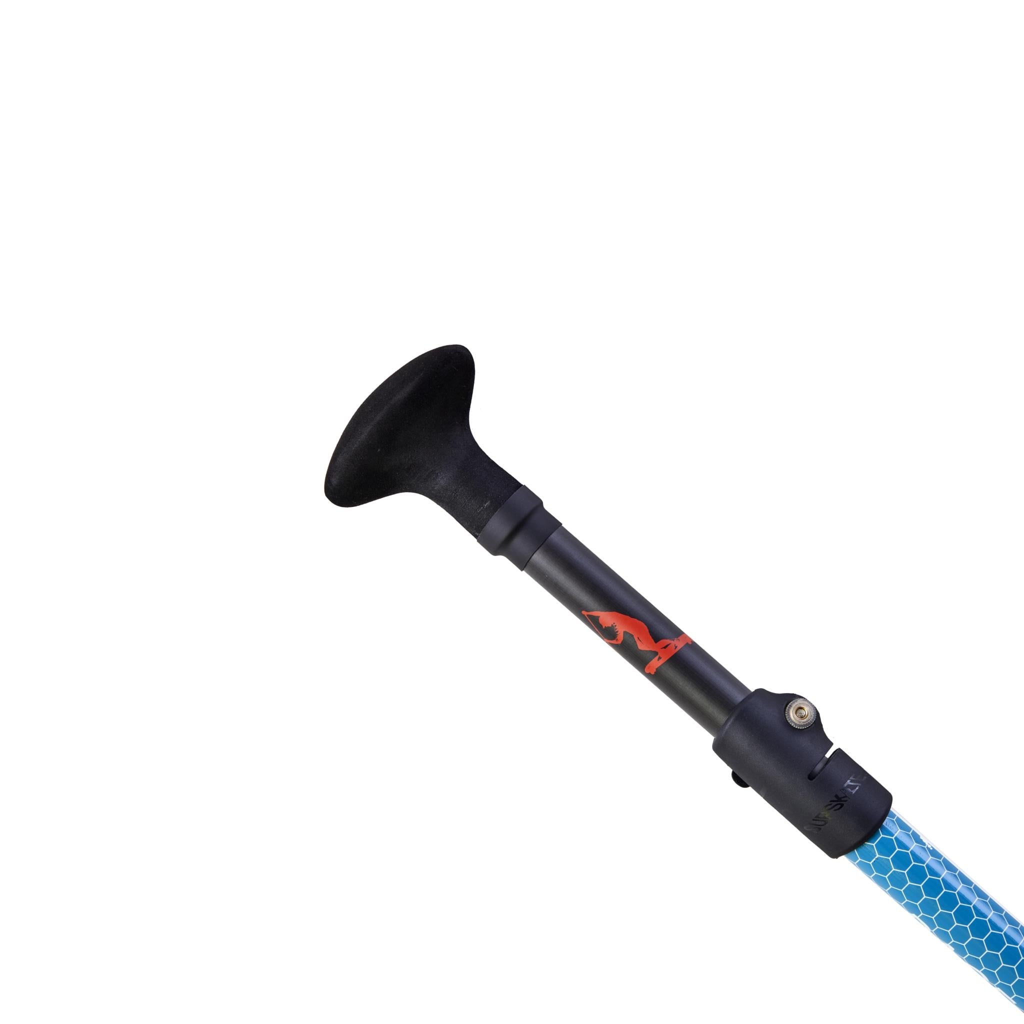 Close-up of a blue hose with a black nozzle attachment.