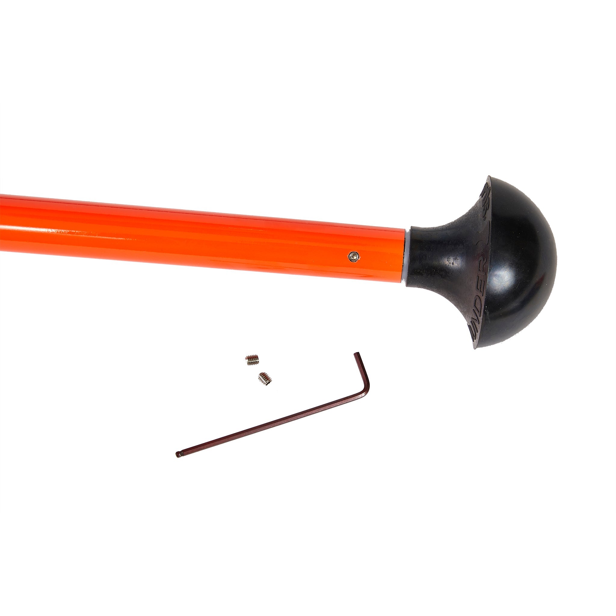 An orange tool with a black rubber head, accompanied by two small metal pieces and an L-shaped wrench.