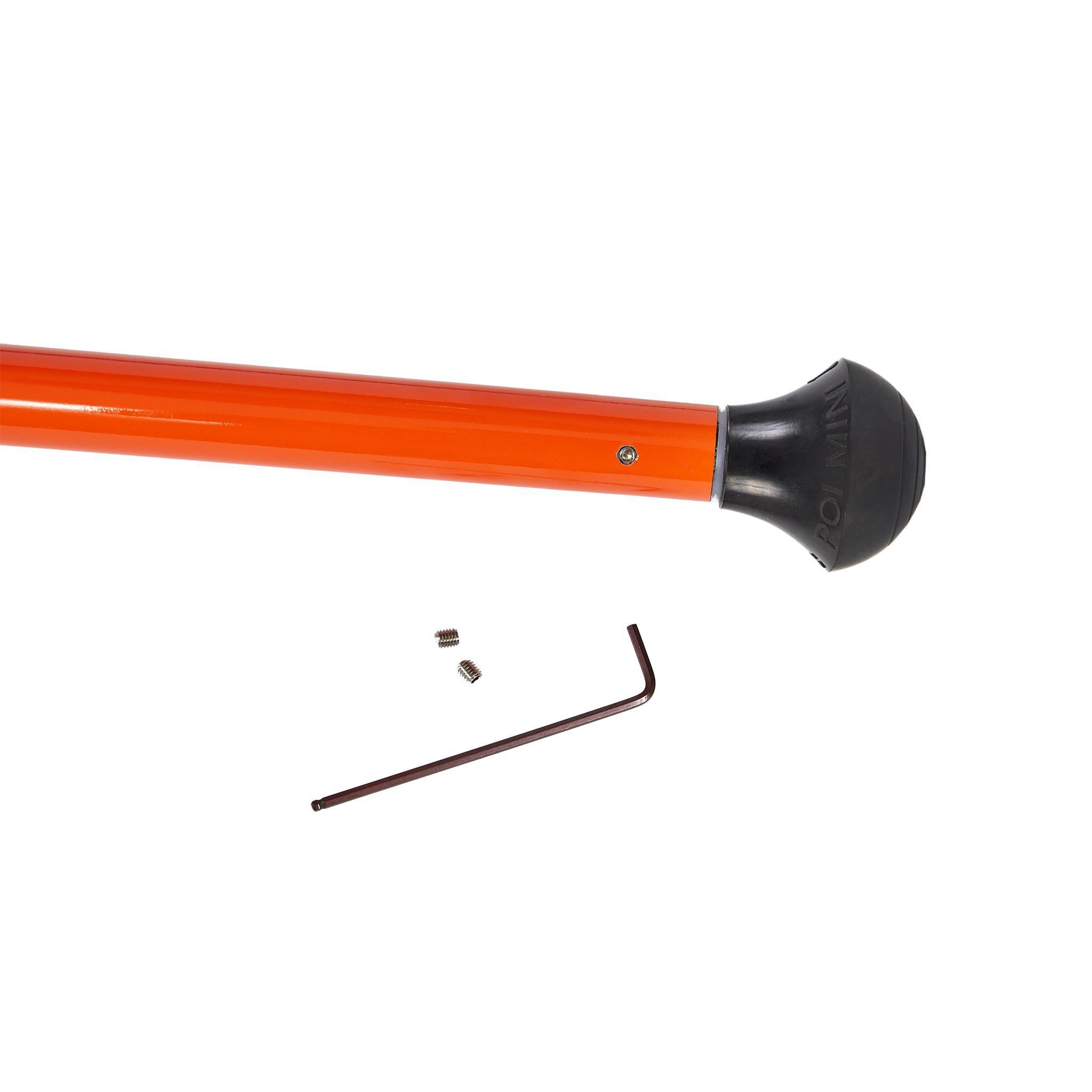 Close-up of an orange stick with a black rubber tip and an included hex key and small metal pieces.