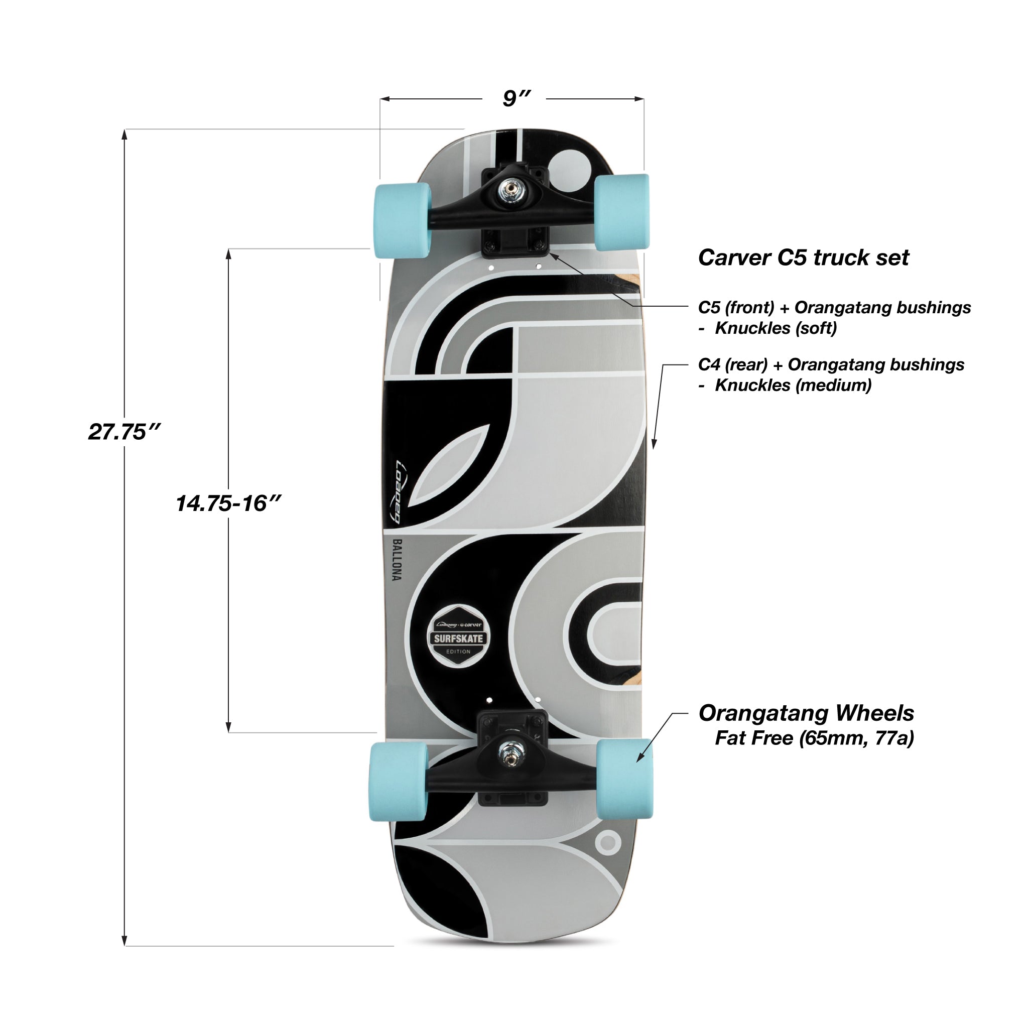 Loaded Ballona Orca Surfskate Edition longboard skateboard setup infographic