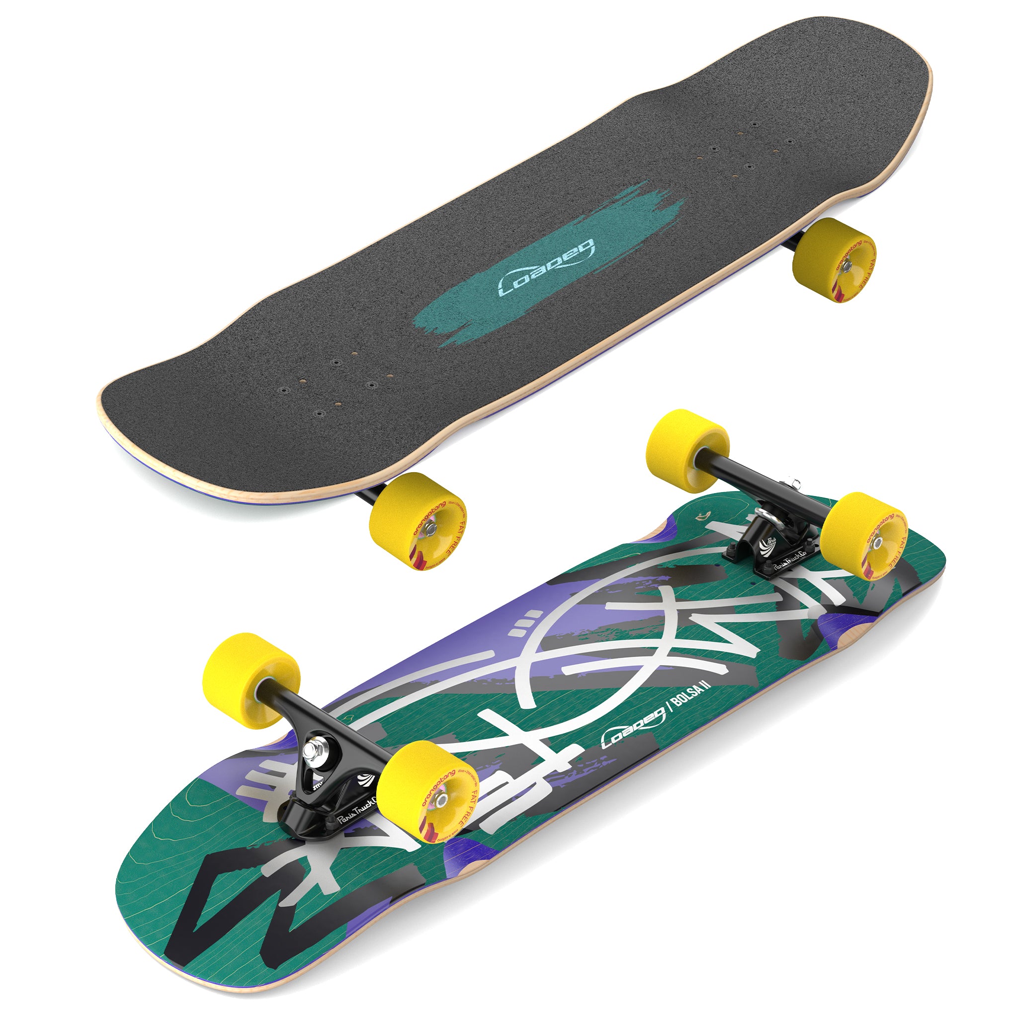 Top and bottom isometric views of Loaded Bolsa II (Jazz Graphic) skateboard complete with Paris trucks and Orangatang Fat Free wheels.