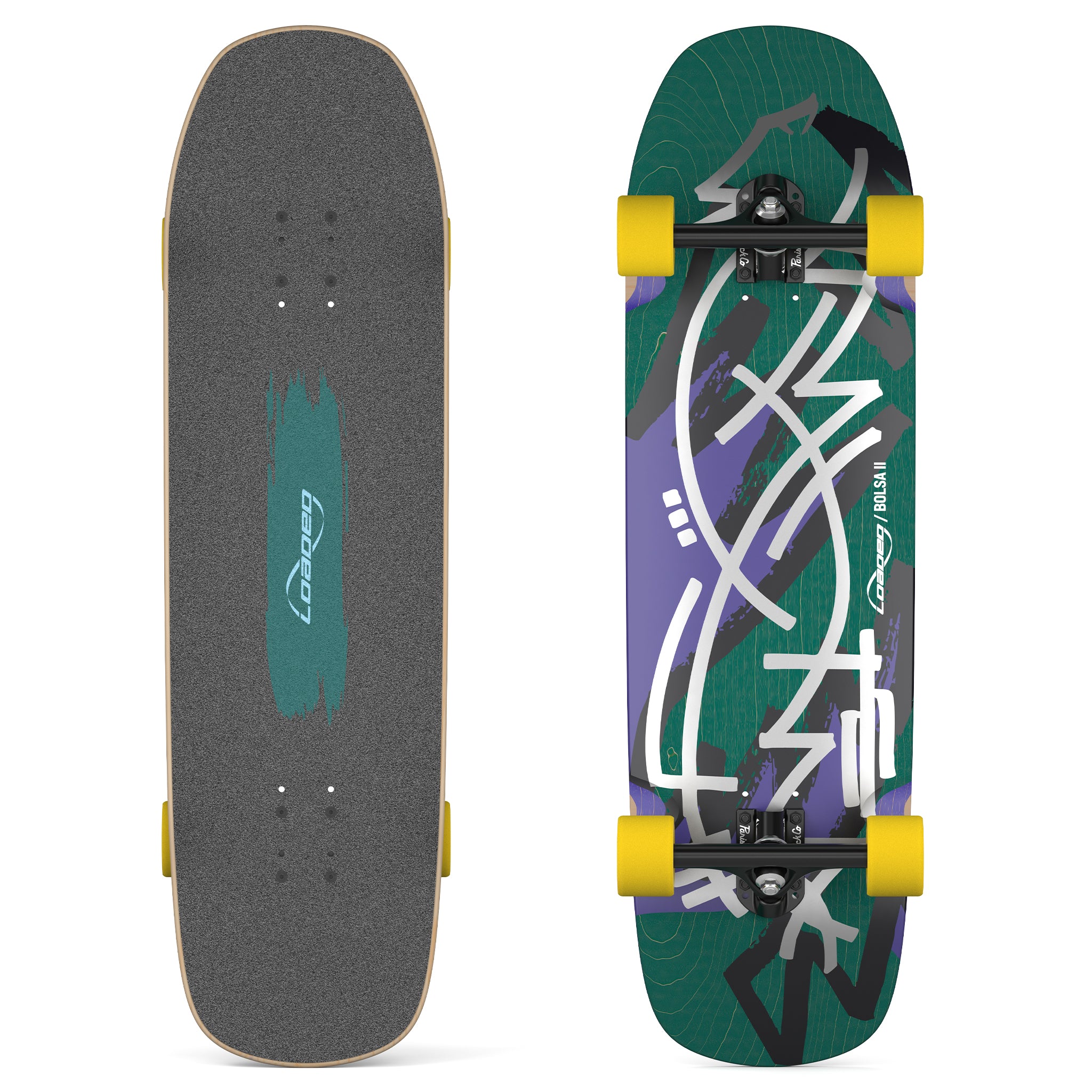 Top and bottom views of Loaded Bolsa II (Jazz Graphic) skateboard complete with Paris trucks and Orangatang Fat Free wheels.