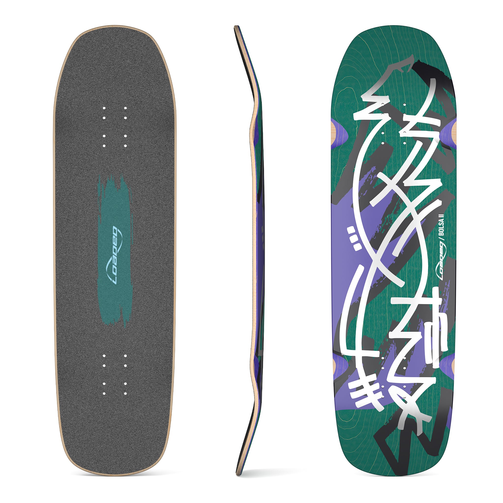 Loaded Bolsa II (Jazz Graphic) skateboard deck showing top, bottom, and profile plan views.