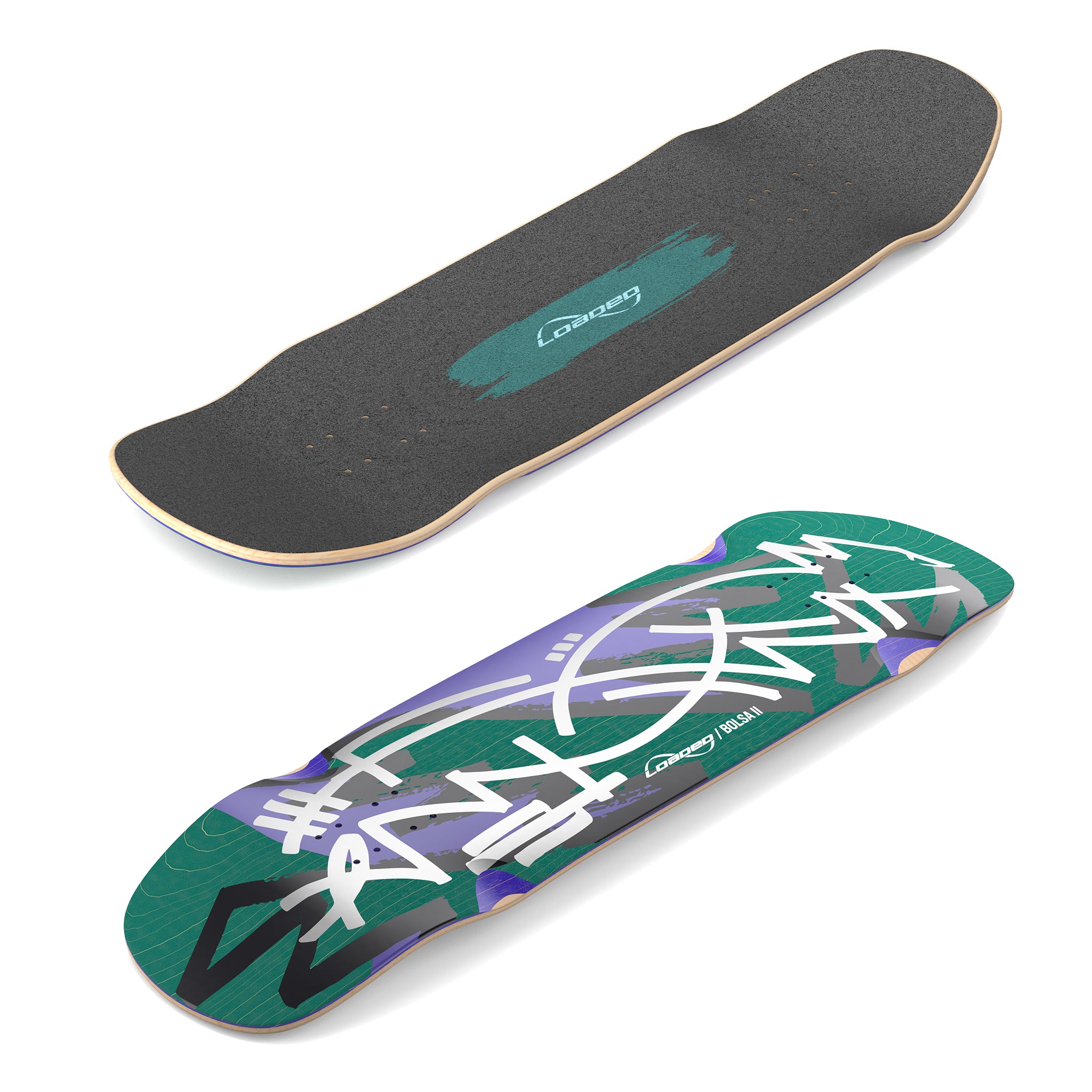 Top and bottom isometric views of Loaded Bolsa II (Jazz Graphic) skateboard deck.