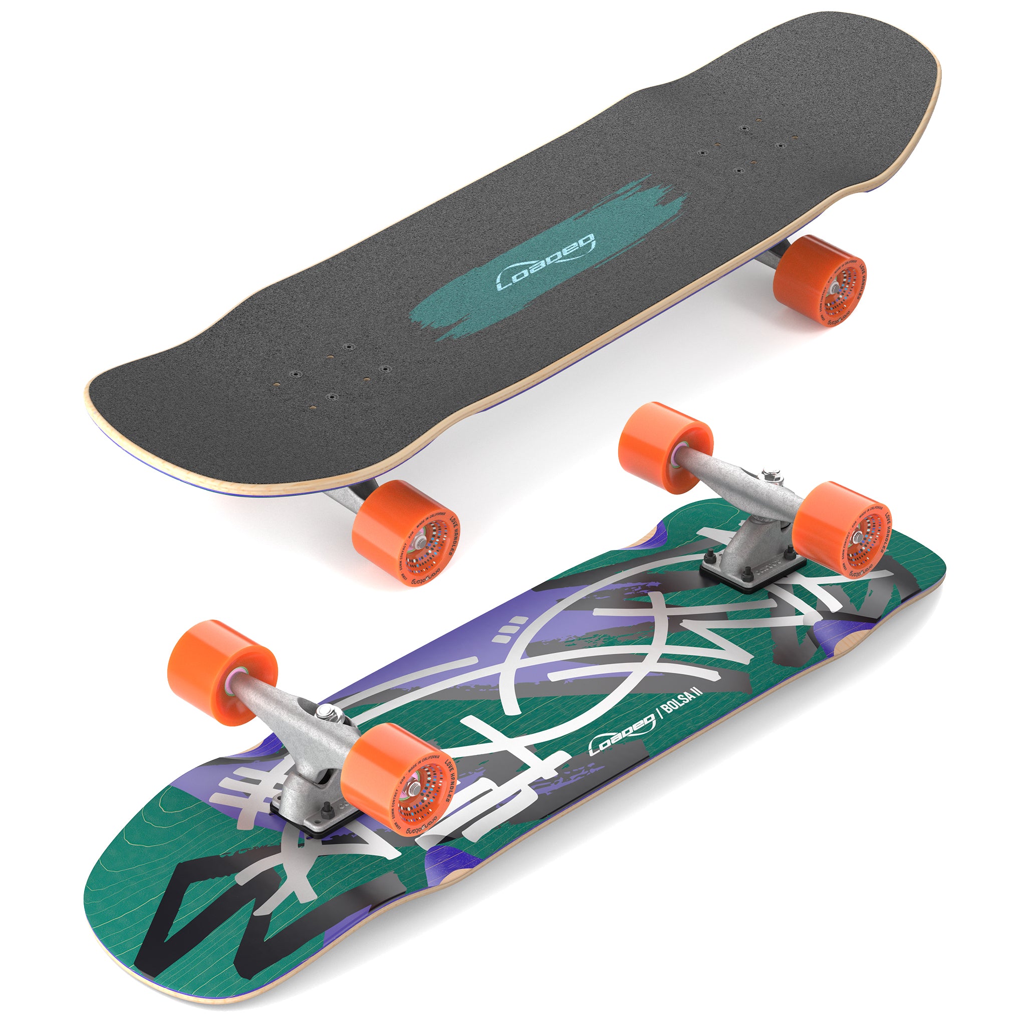 Top and bottom isometric views of Loaded Bolsa II (Jazz Graphic) skateboard complete with Carver CX trucks and Orangatang Love Handles wheels.