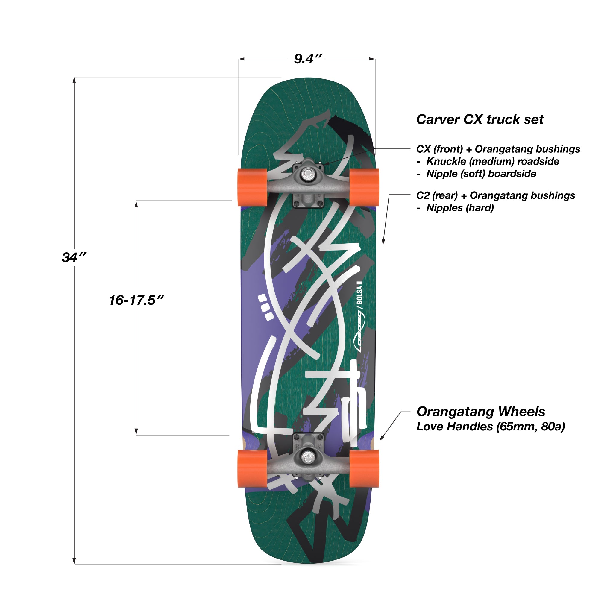 Top view of Loaded Bolsa II (Jazz Graphic) showing dimensions, Carver CX trucks, and Orangatang wheels.