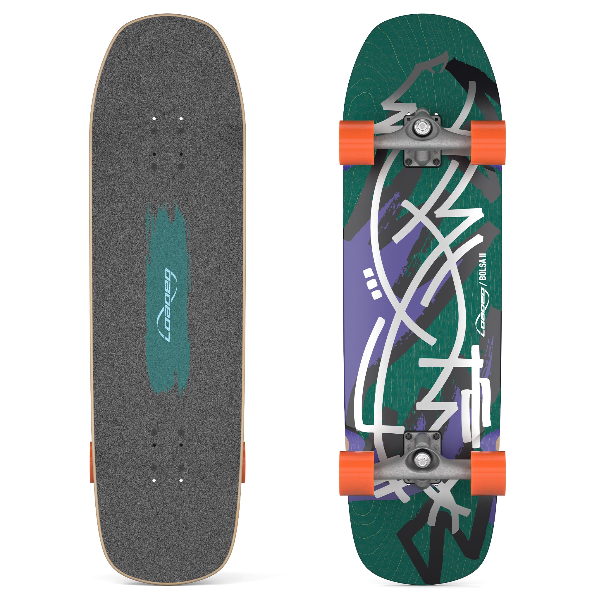 Top and bottom views of Loaded Bolsa II (Jazz Graphic) skateboard complete with Carver CX trucks and Orangatang Love Handles wheels.