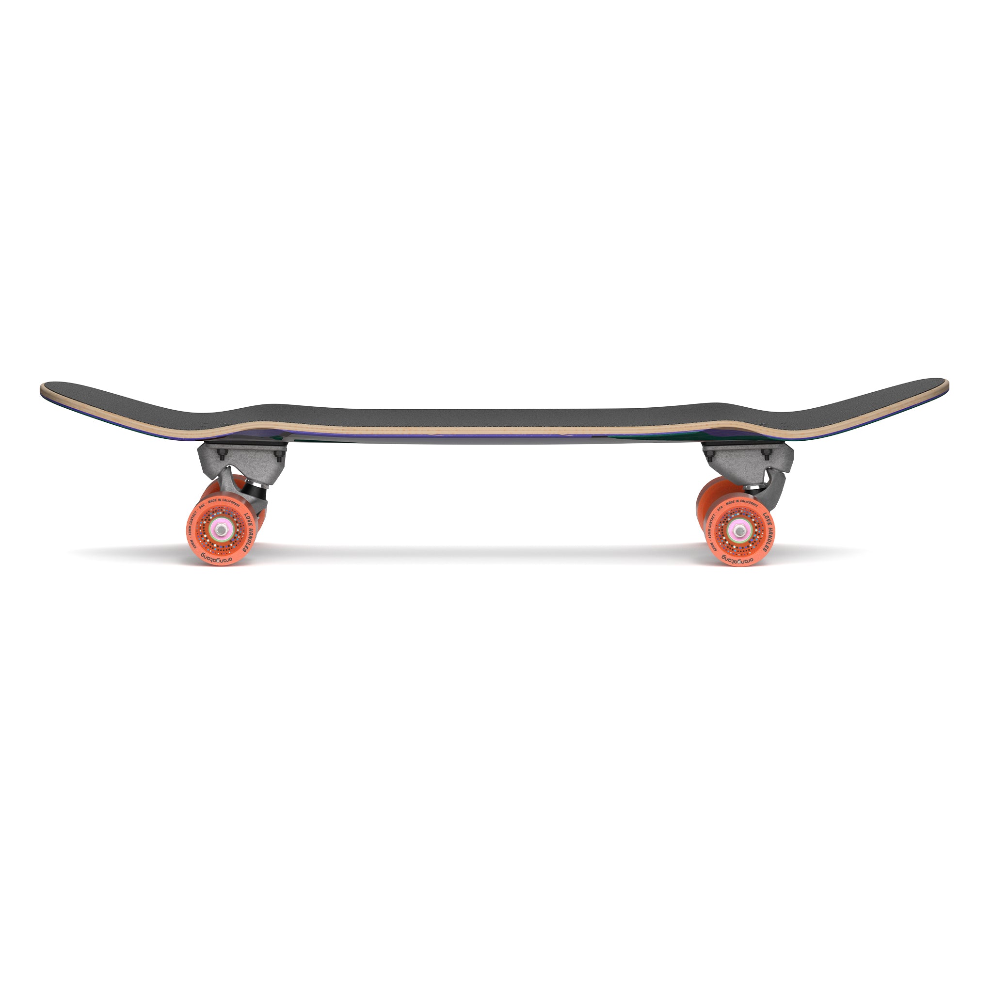 Profile view of Loaded Bolsa II (Jazz Graphic) skateboard complete with Carver CX trucks and Orangatang Love Handles wheels.