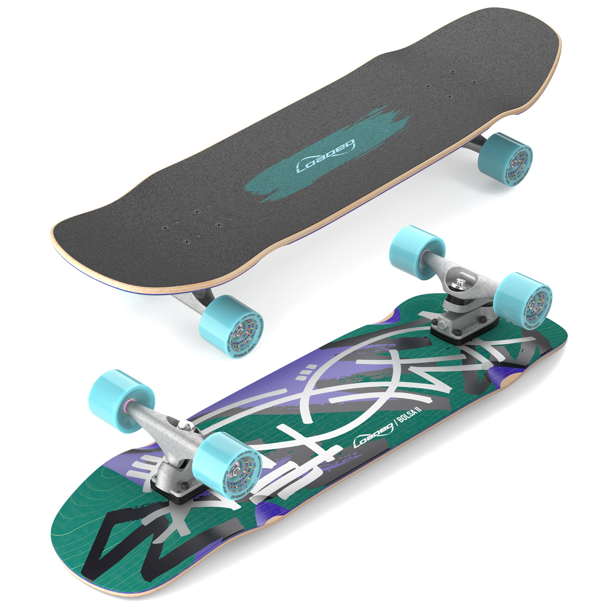 Top and bottom isometric views of Loaded Bolsa II (Jazz Graphic) skateboard complete with Carver C7 trucks and Orangatang Love Handles wheels.