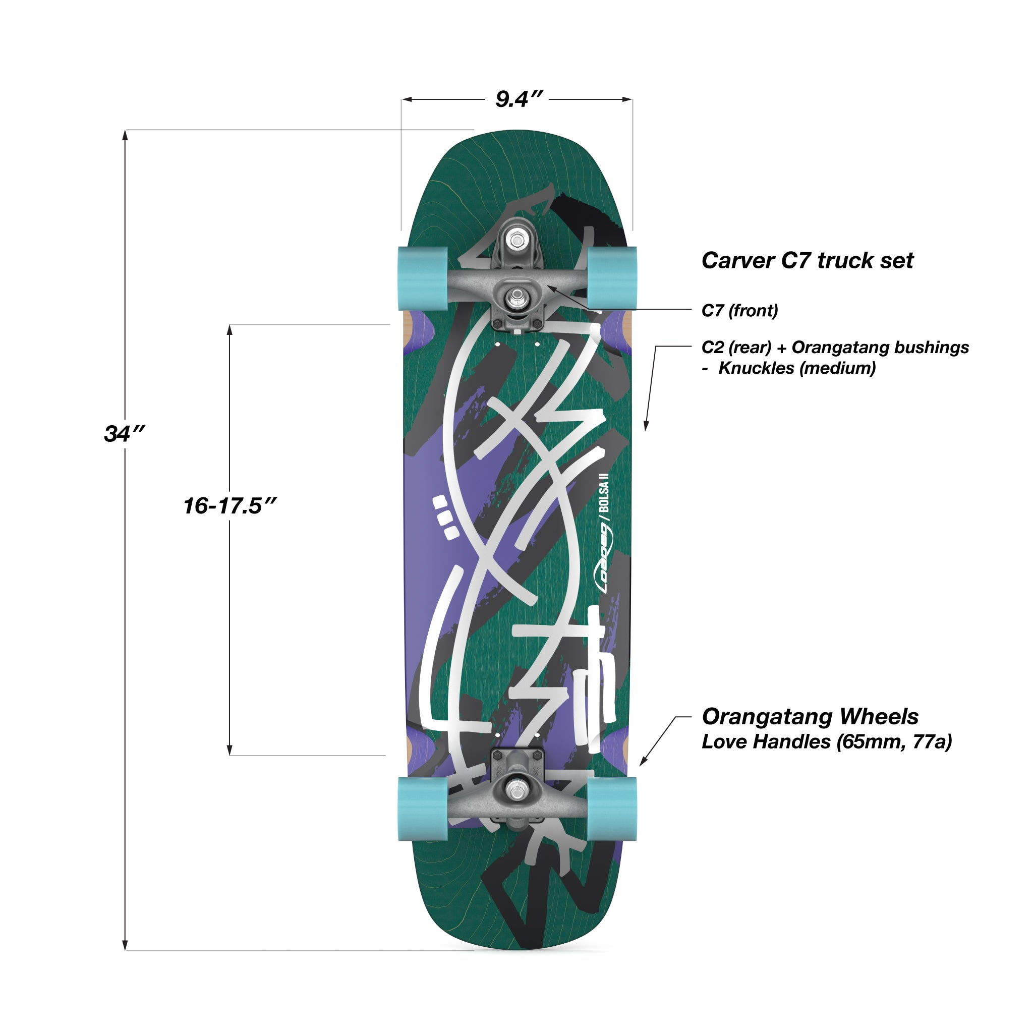 Top view of Loaded Bolsa II (Jazz Graphic) showing dimensions, Carver C7 trucks, and Orangatang wheels.