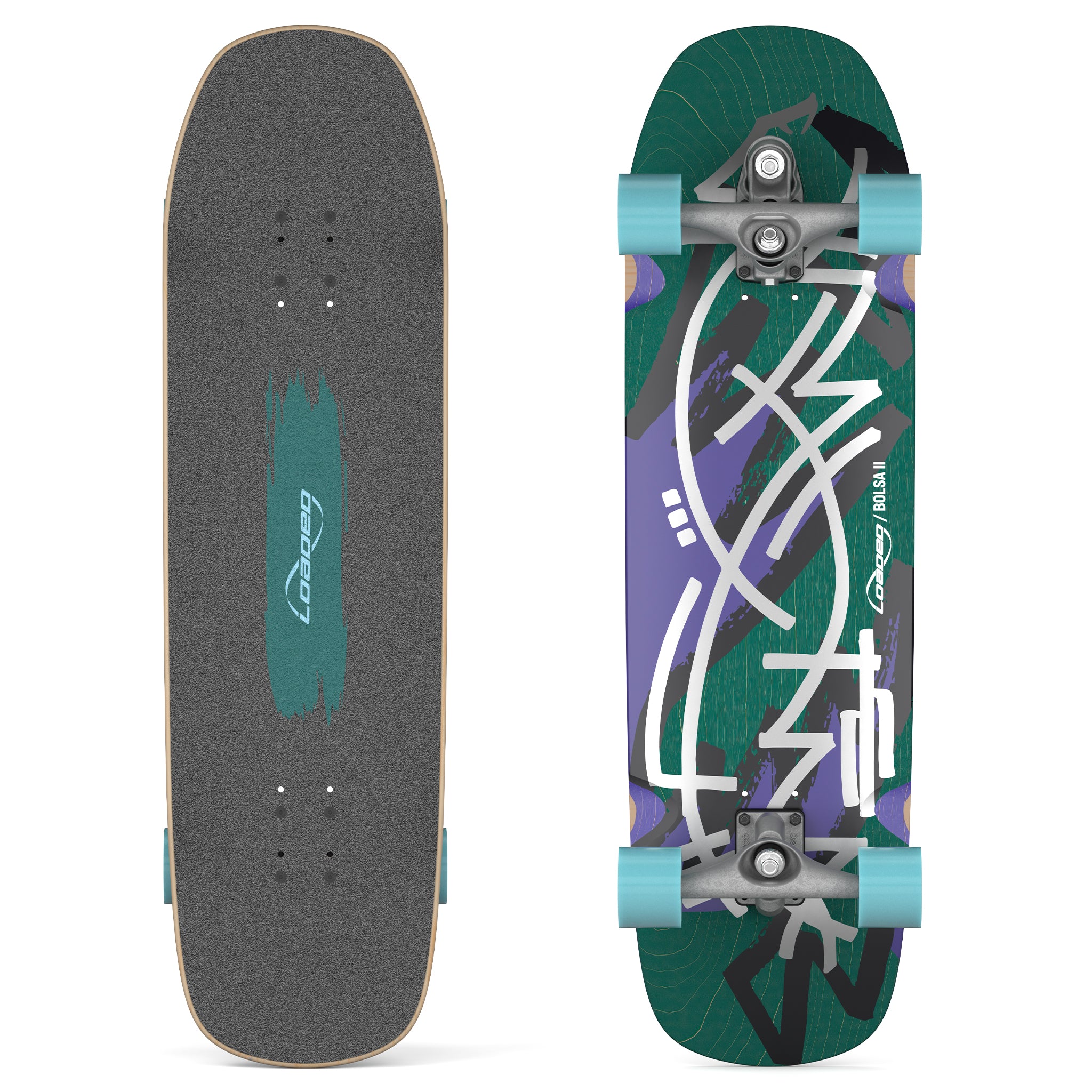 Top and bottom views of Loaded Bolsa II (Jazz Graphic) skateboard complete with Carver C7 trucks and Orangatang Love Handles wheels.