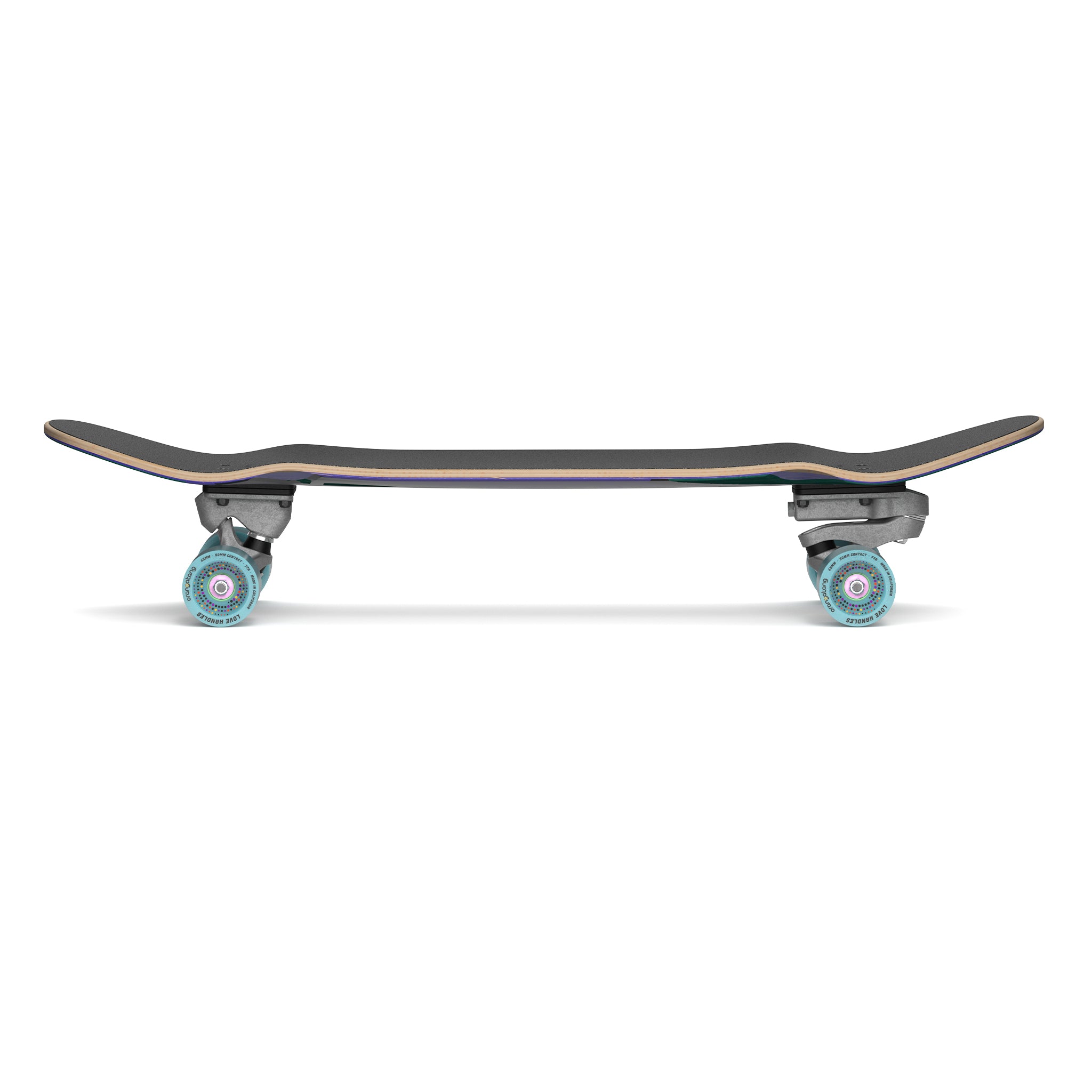 Profile view of Loaded Bolsa II (Jazz Graphic) skateboard complete with Carver C7 trucks and Orangatang Love Handles wheels.