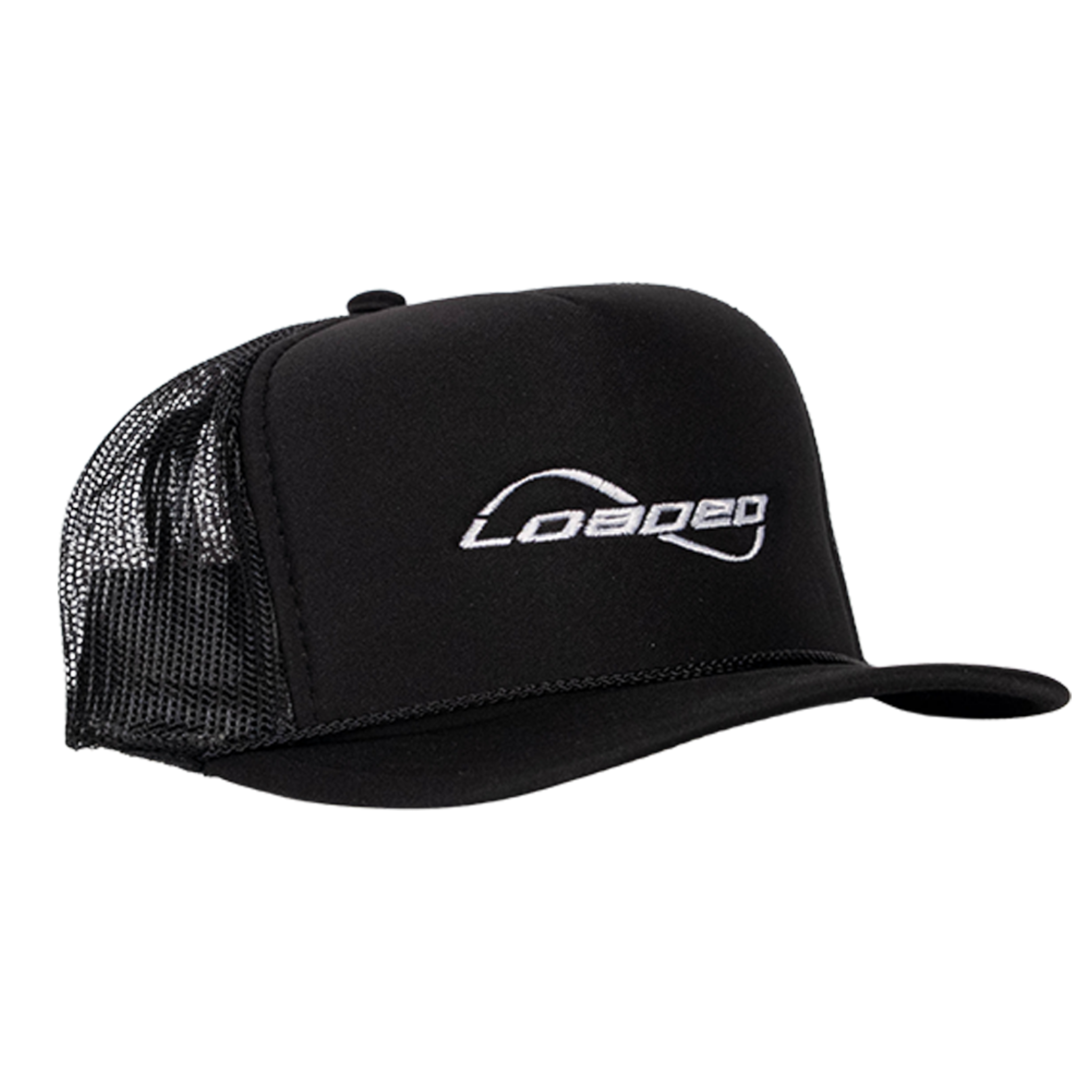 Black trucker hat with a mesh back and a white logo