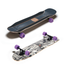 Two skateboards, one with a solid black surface and purple wheels, the other featuring a graphic design with purple wheels.