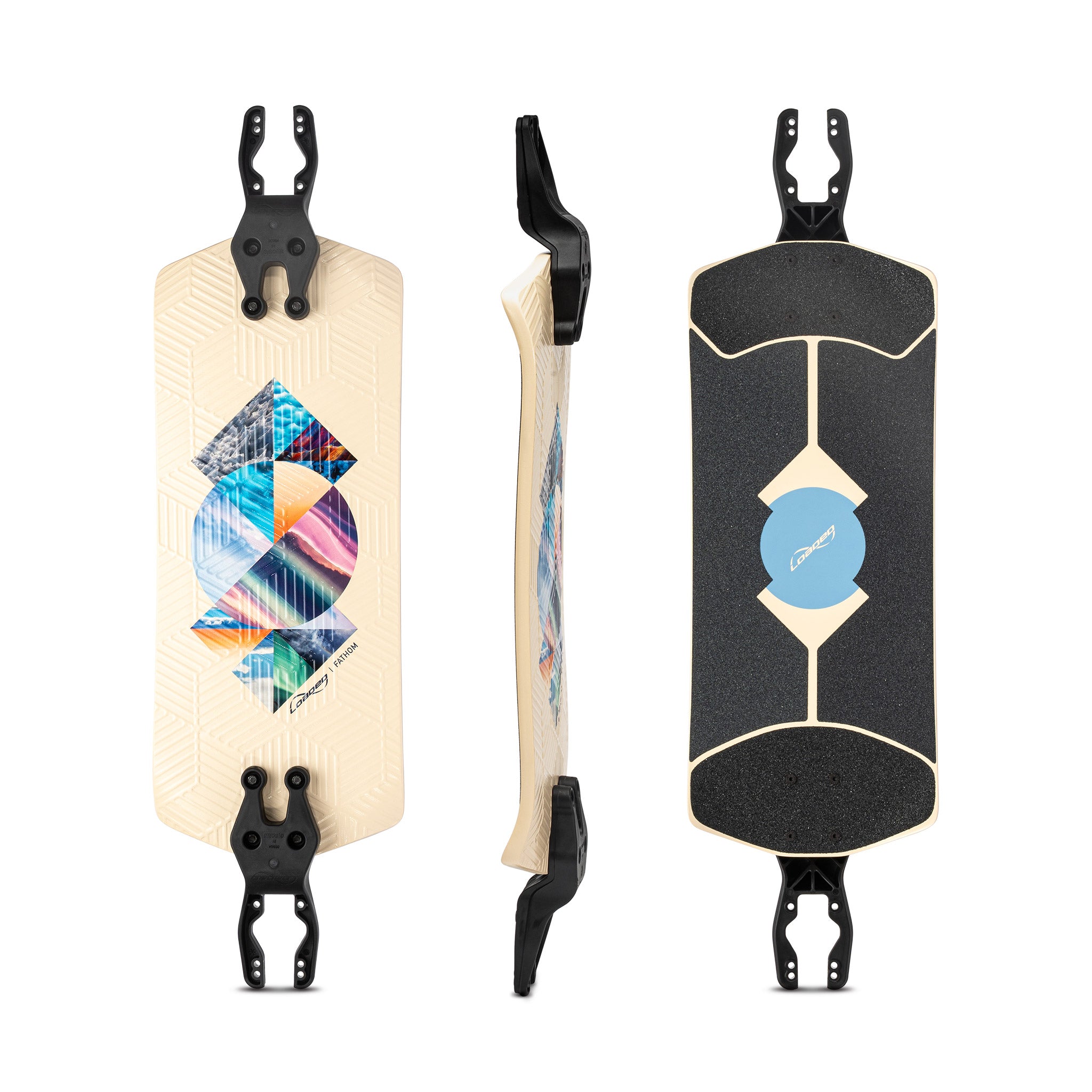 Loaded Fathom (Strata graphic) longboard skateboard deck with Zee Brackets