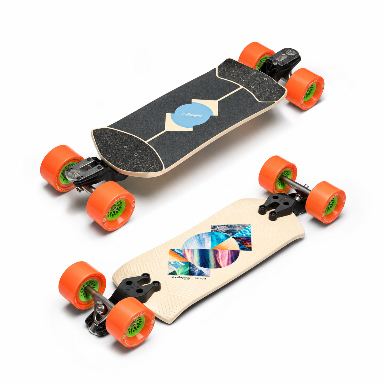 Loaded Fathom (Strata graphic) longboard skateboard complete with Orangatang Dad Bods (80a, orange) - main view