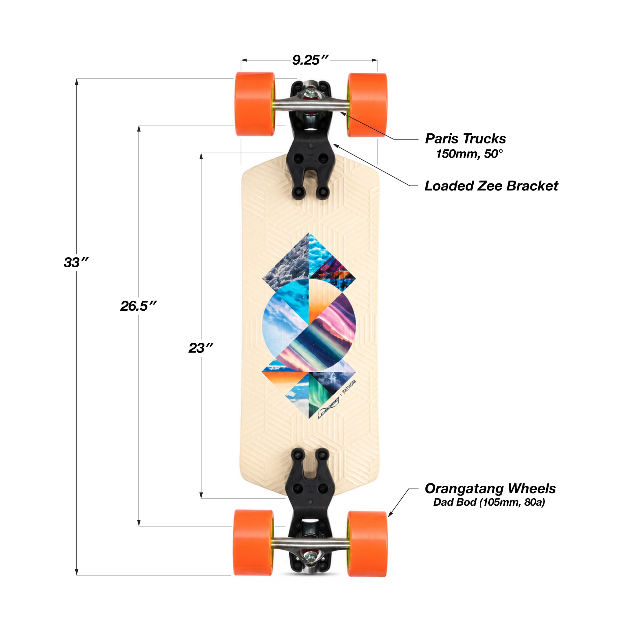 Loaded Fathom (Strata graphic) longboard skateboard complete with Orangatang Dad Bods (80a, orange) - setup infographic