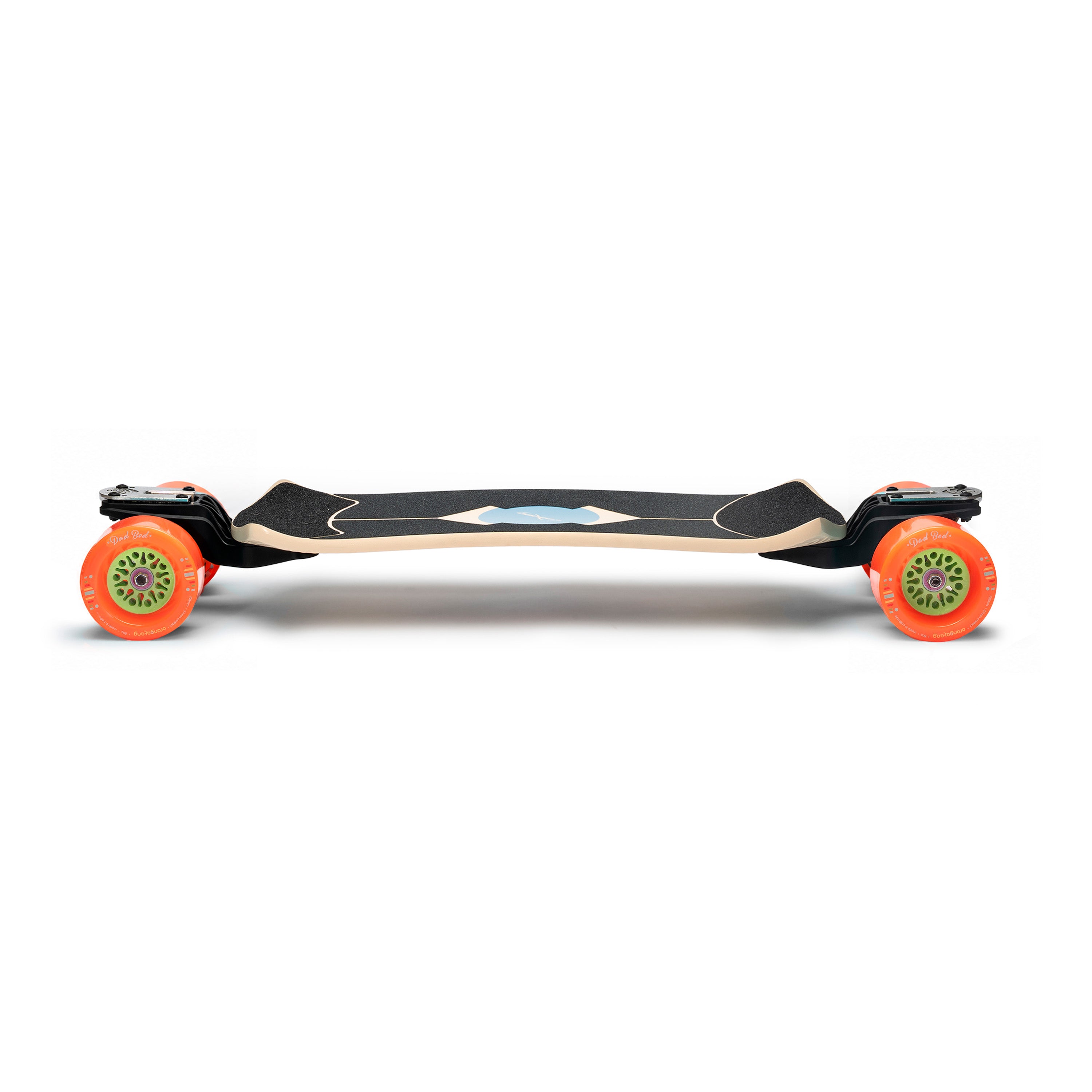 Loaded Fathom (Strata graphic) longboard skateboard complete with Orangatang Dad Bods (80a, orange) - profile view