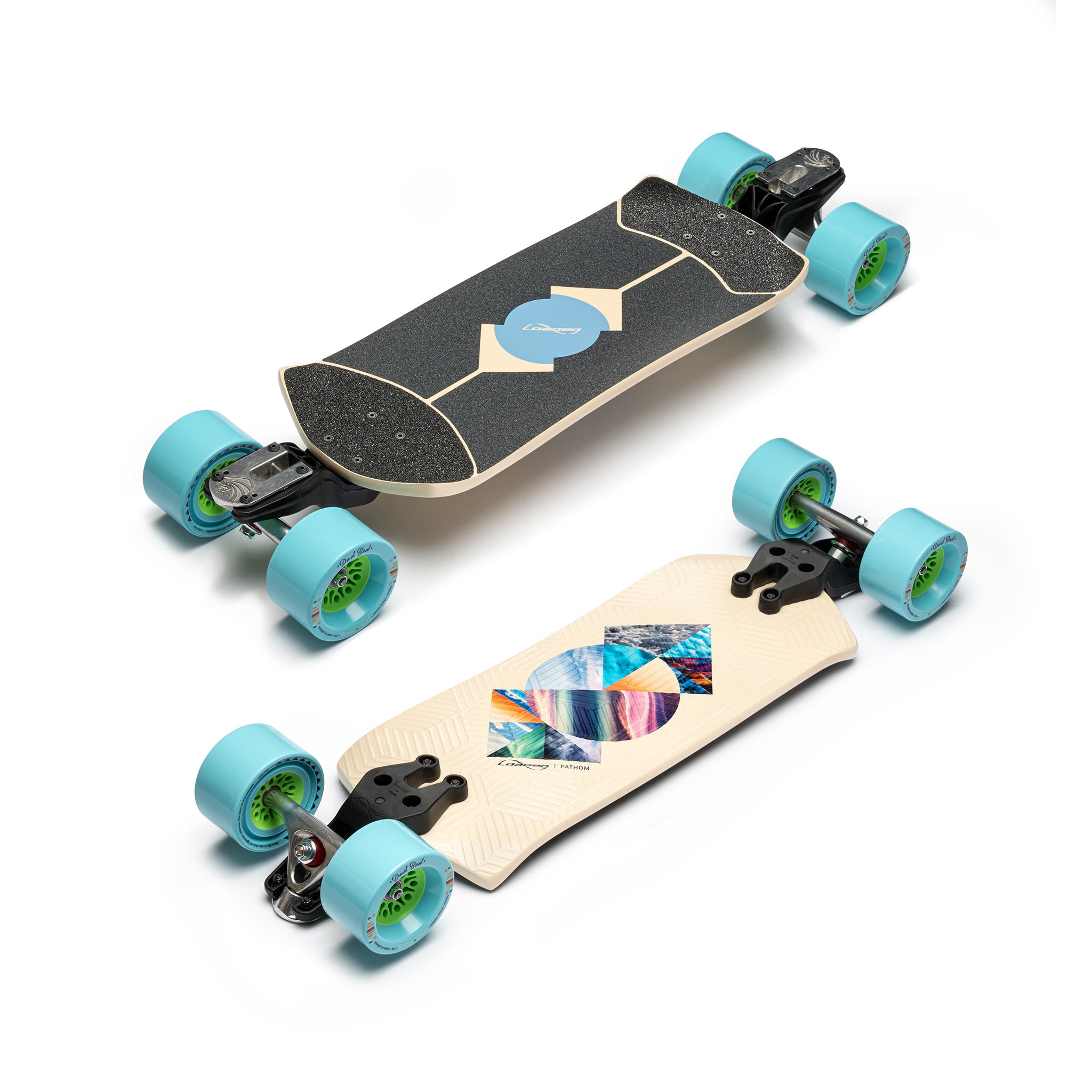 Loaded Fathom (Strata graphic) longboard skateboard complete with Orangatang Dad Bods (77a, blue) - main view