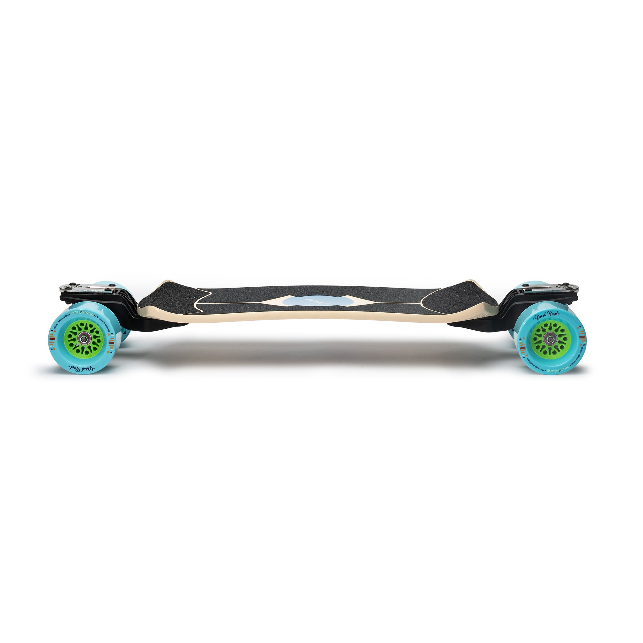 Loaded Fathom (Strata graphic) longboard skateboard complete with Orangatang Dad Bods (77a, blue) - profile view