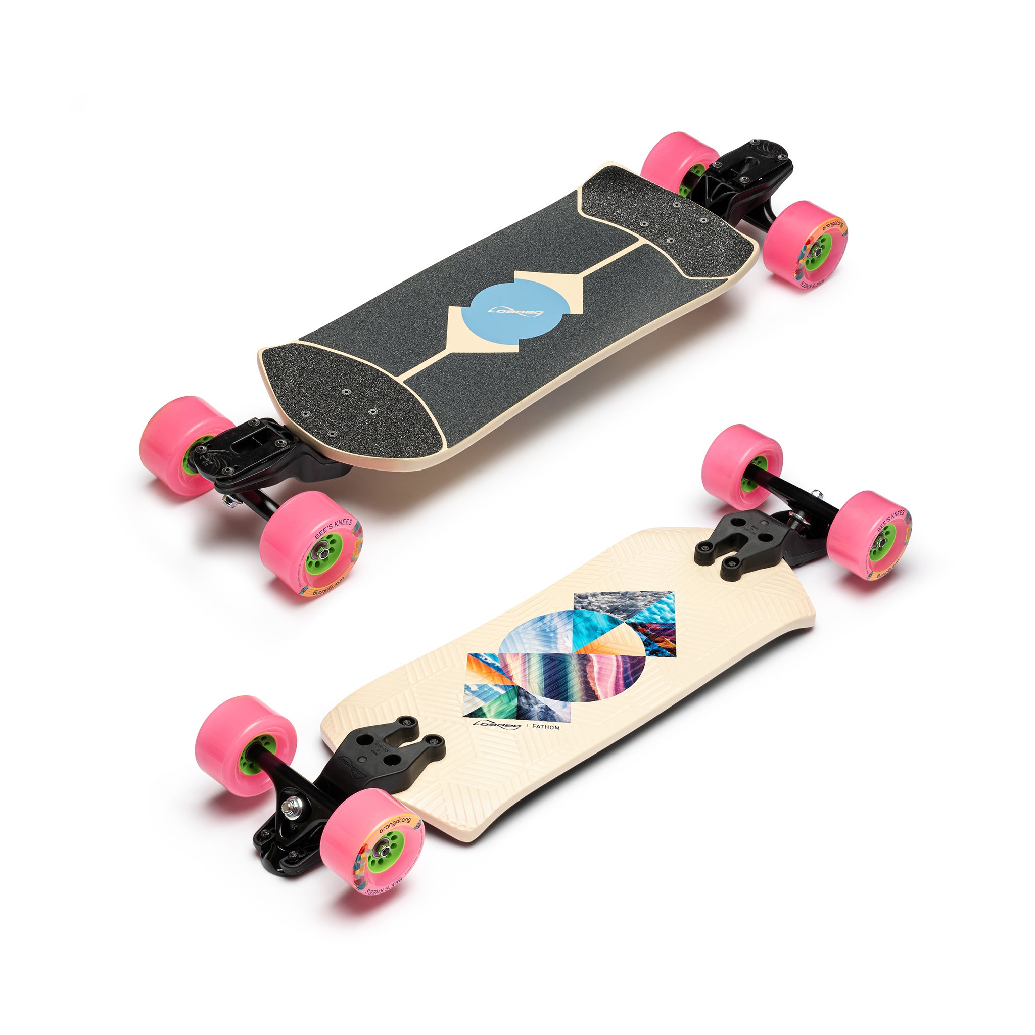 Loaded Fathom (Strata graphic) longboard skateboard complete with Orangatang Bee's Knees (83a, pink) - main view