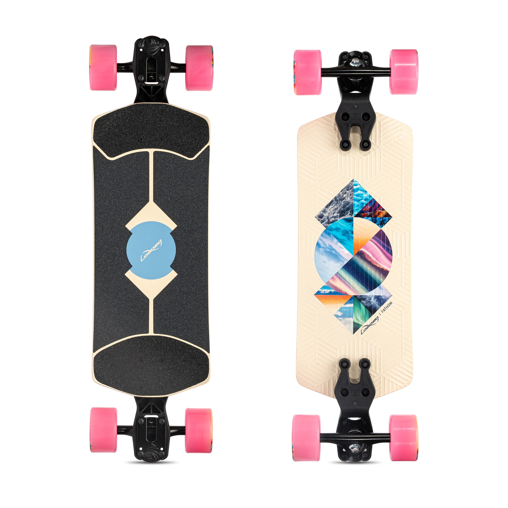 Loaded Fathom (Strata graphic) longboard skateboard complete with Orangatang Bee's Knees (83a, pink) - plan view