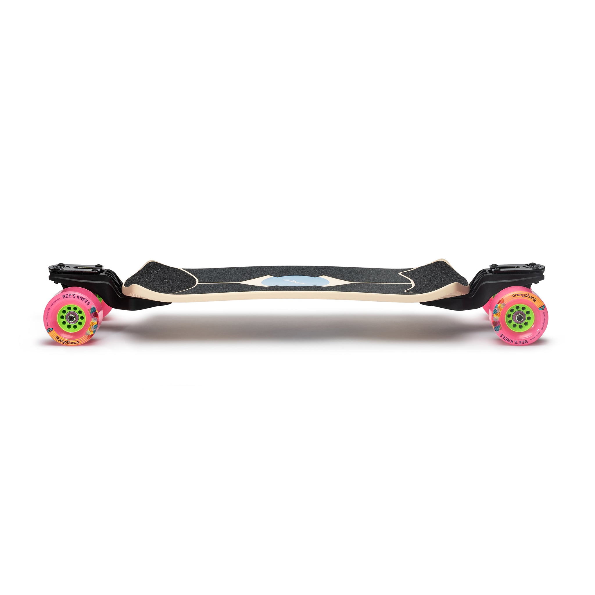 Loaded Fathom (Strata graphic) longboard skateboard complete with Orangatang Bee's Knees (83a, pink) - profile view