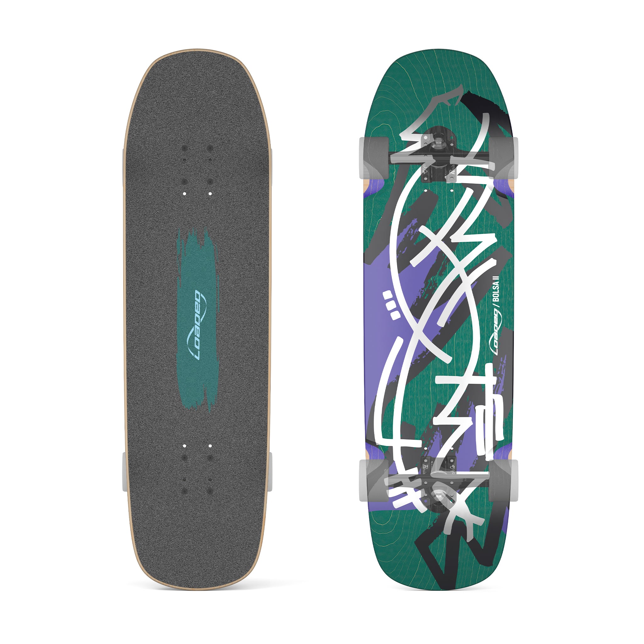 Top and bottom views of Loaded Bolsa II (Jazz Graphic) skateboard complete with customizable truck and wheel selection.