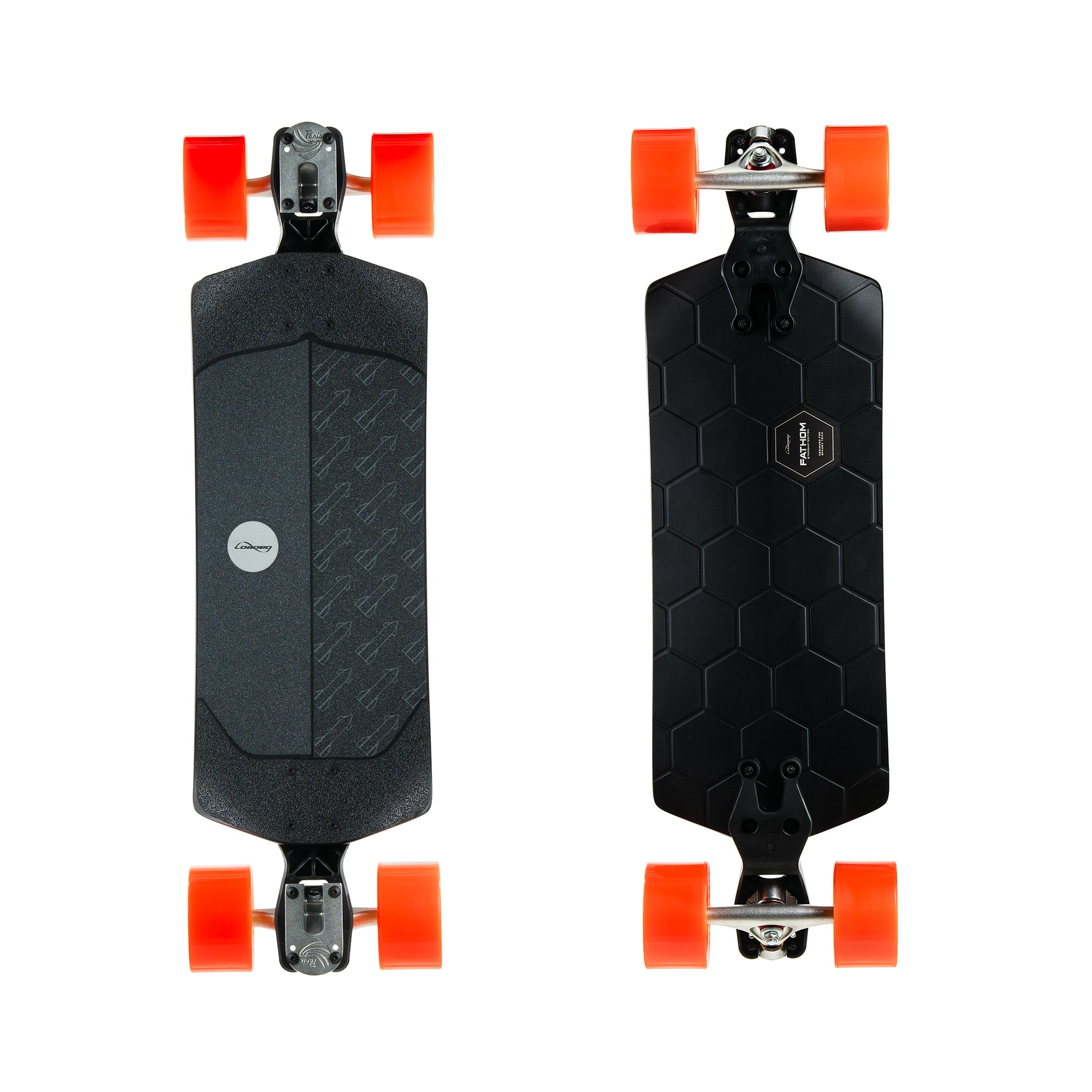 A top and bottom view of a black skateboard with orange wheels.
