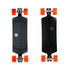 A top and bottom view of a black skateboard with orange wheels.