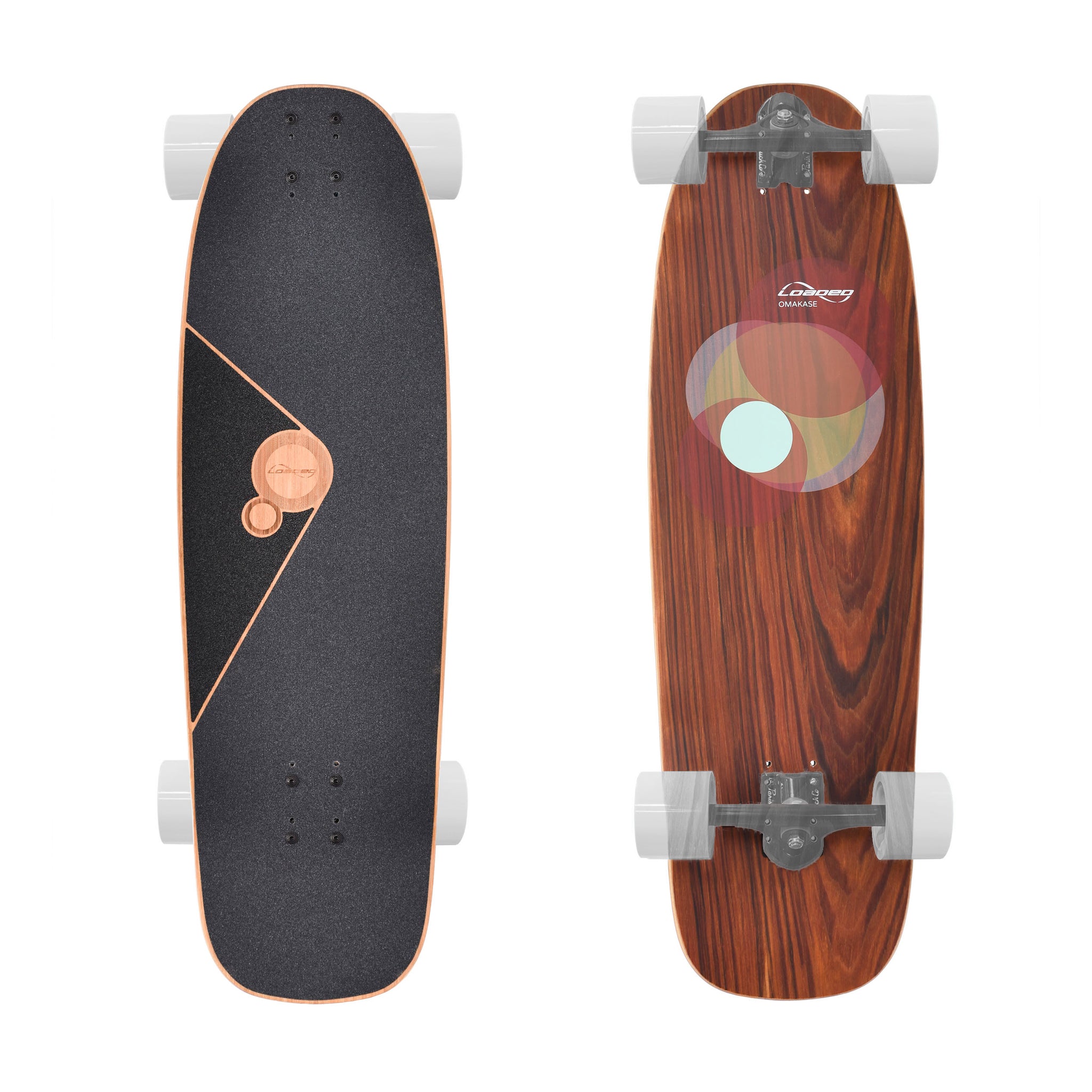 Two skateboards side by side, one with a black grip tape and the other featuring a wood grain design.
