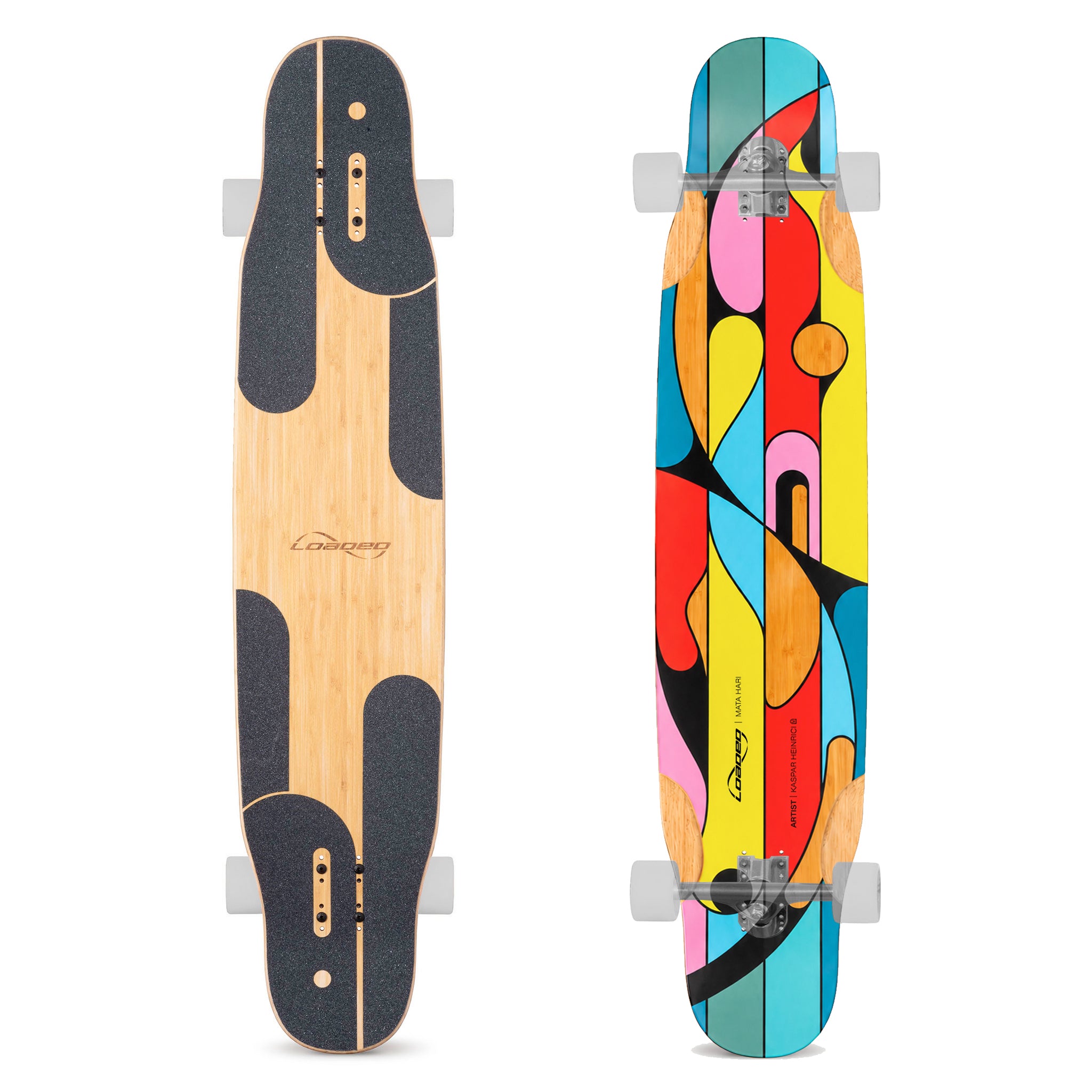 Top and bottom view of Loaded Mata Hari (Artist Series: Kaspar Heinrici graphic) longboard skateboard