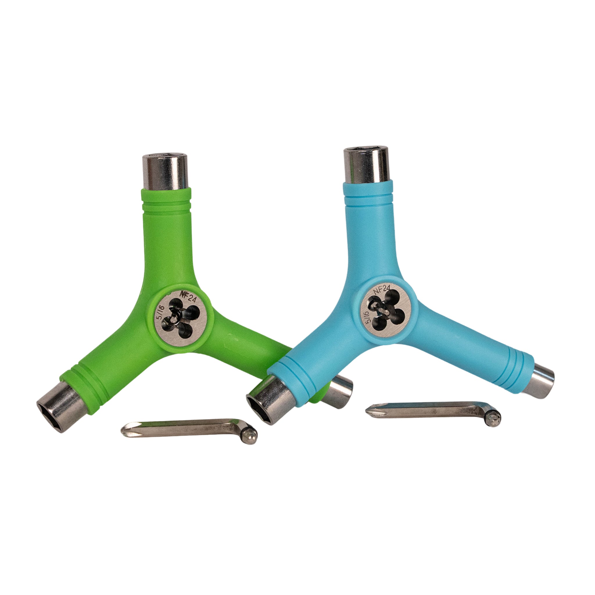 Two colored Y-shaped wrenches, green and blue, with a metal end and a positioning pin.