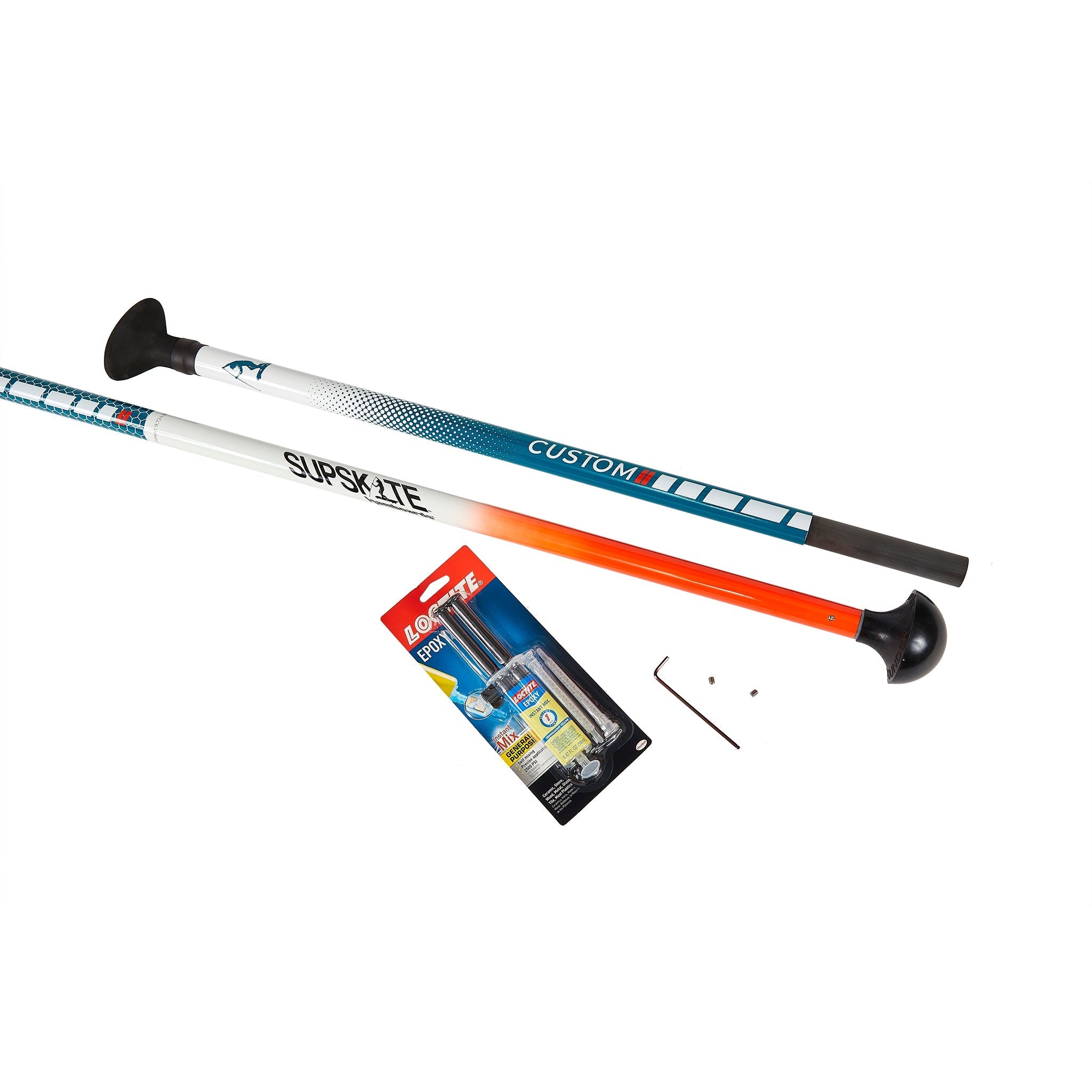Two custom ski poles and a package of ski pole accessories on a white background.