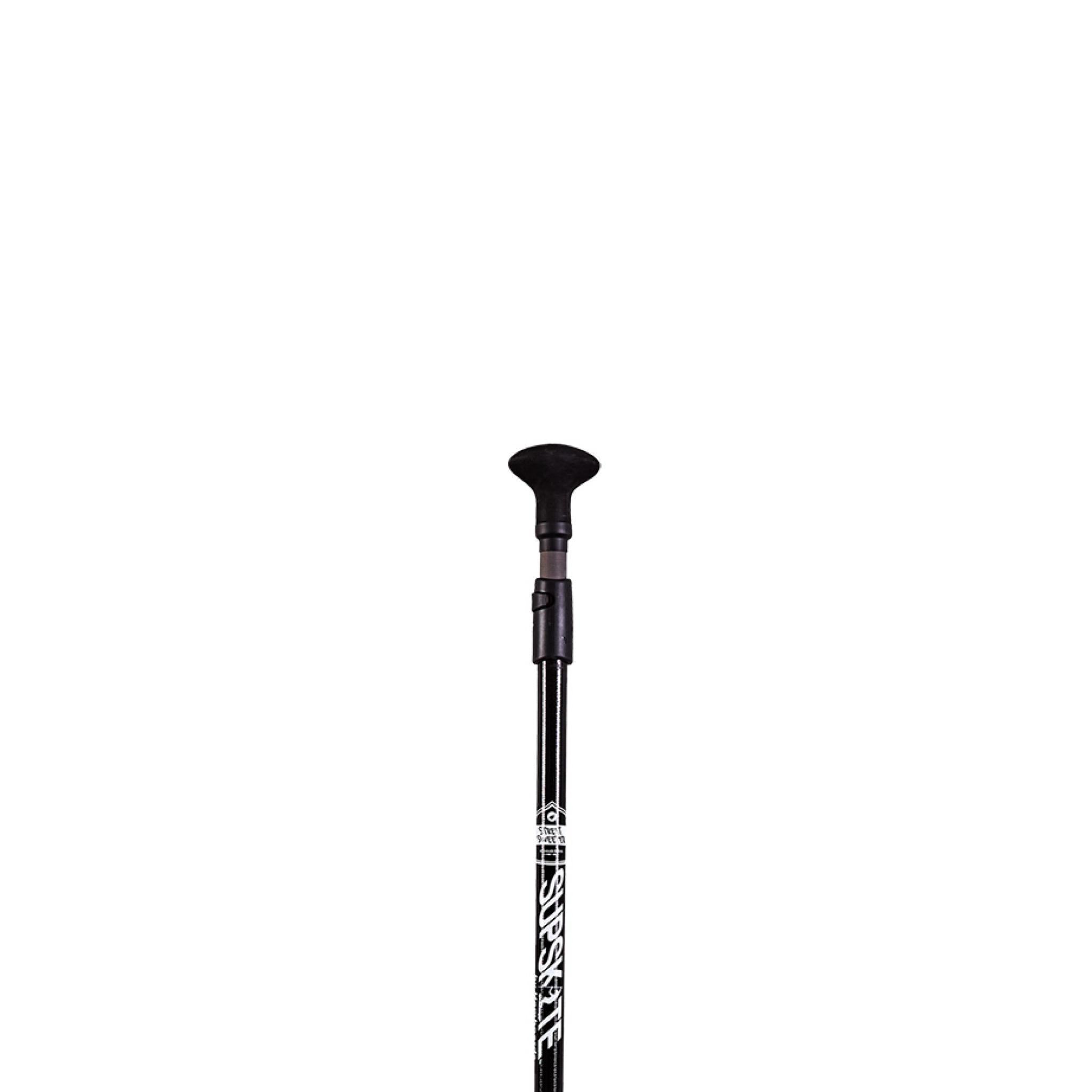A black hiking pole with decorative patterns.
