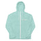 Light blue zip-up jacket with a hood and a logo on the front.
