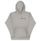 Gray hoodie featuring a logo on the front