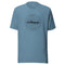 Blue t-shirt with a circular graphic and logo design on the front.